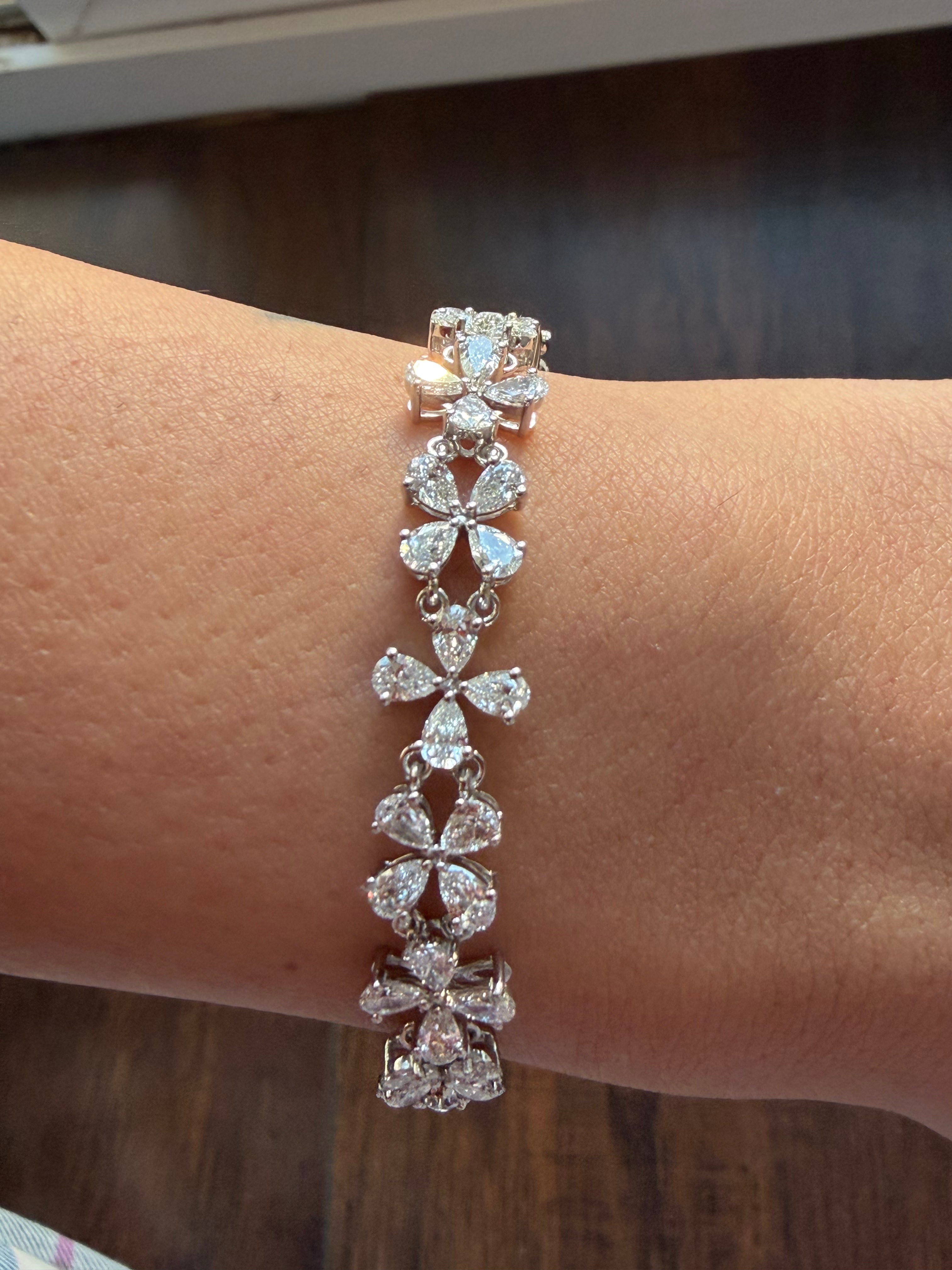 Silver bracelet with clear stones on a wrist against a blurred background