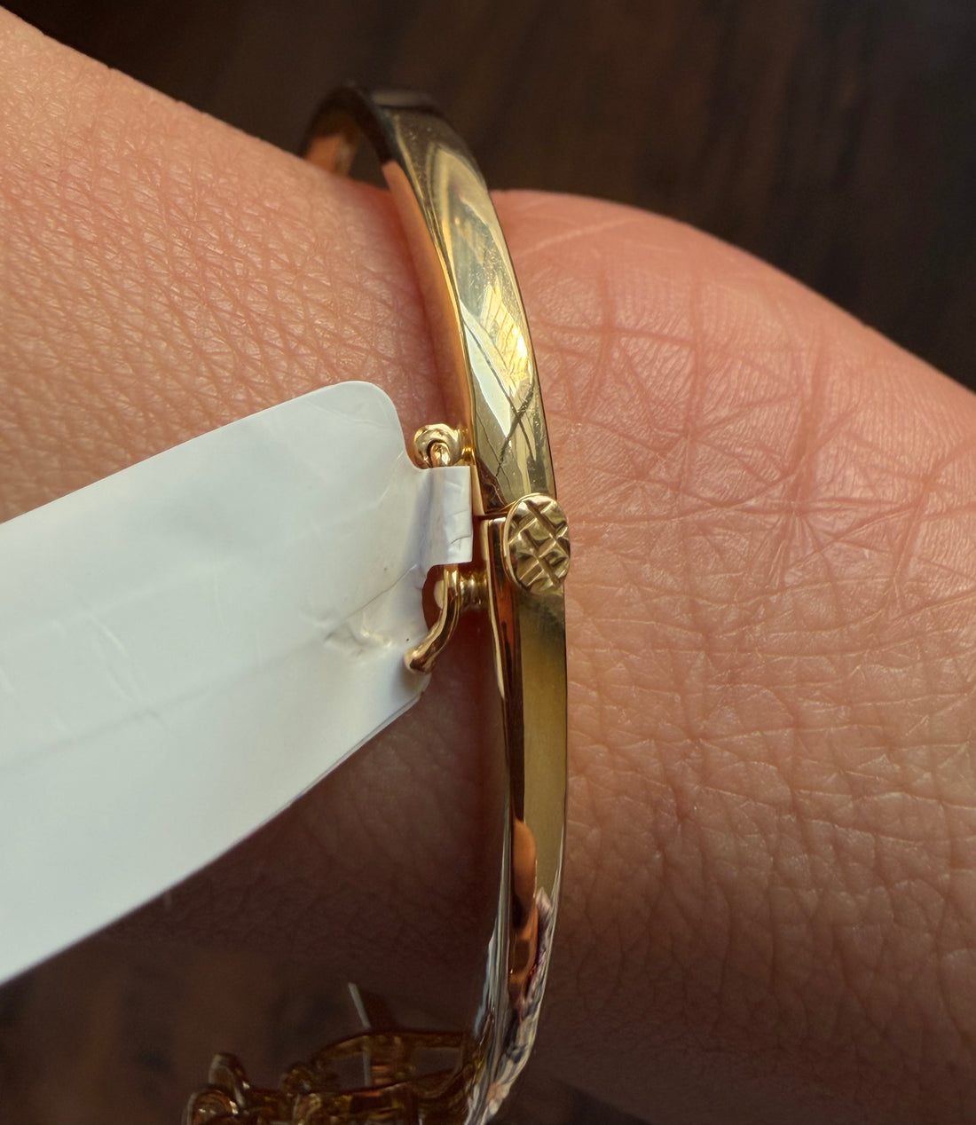 Gold bracelet on a wrist with a blurred background