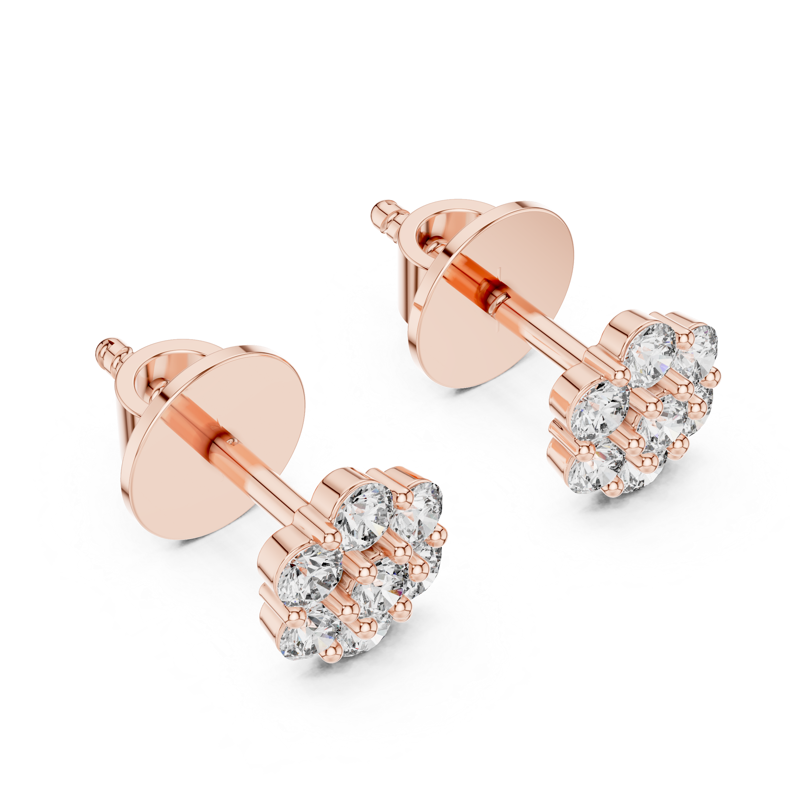 Rose gold heart-shaped earrings with clear gemstones on a white background