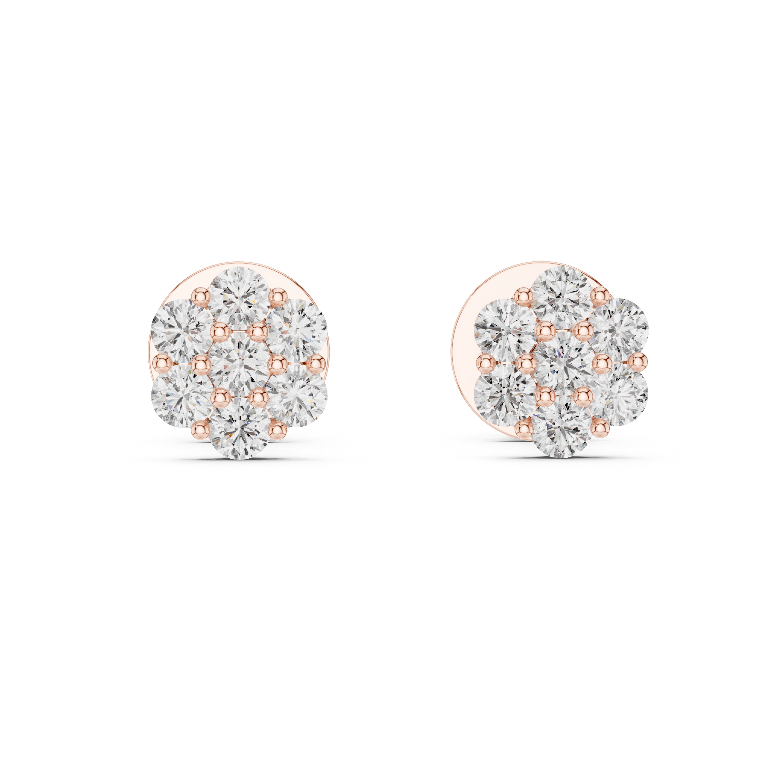Pair of diamond stud earrings with rose gold accents on a white background