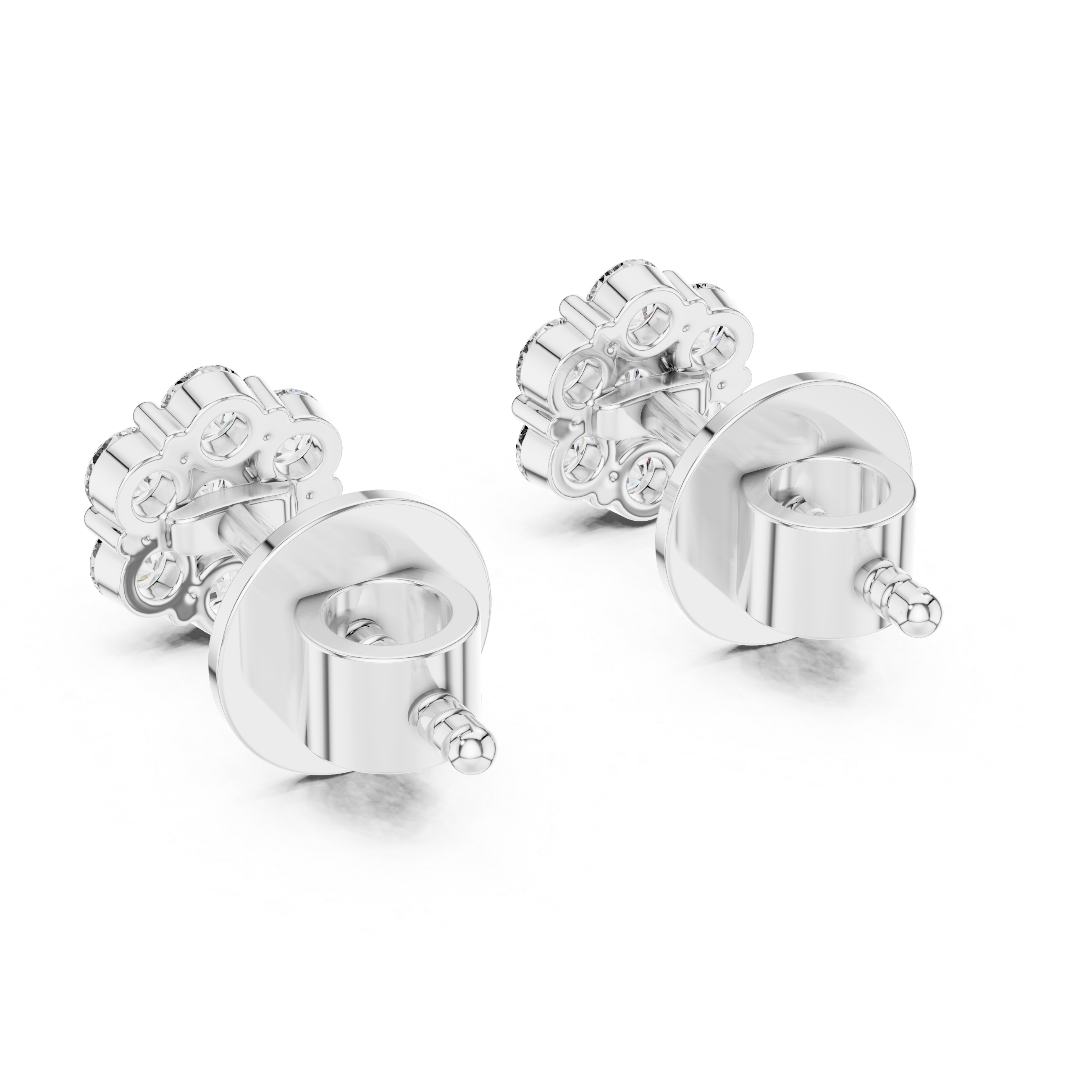 Pair of silver stud earrings on a white background