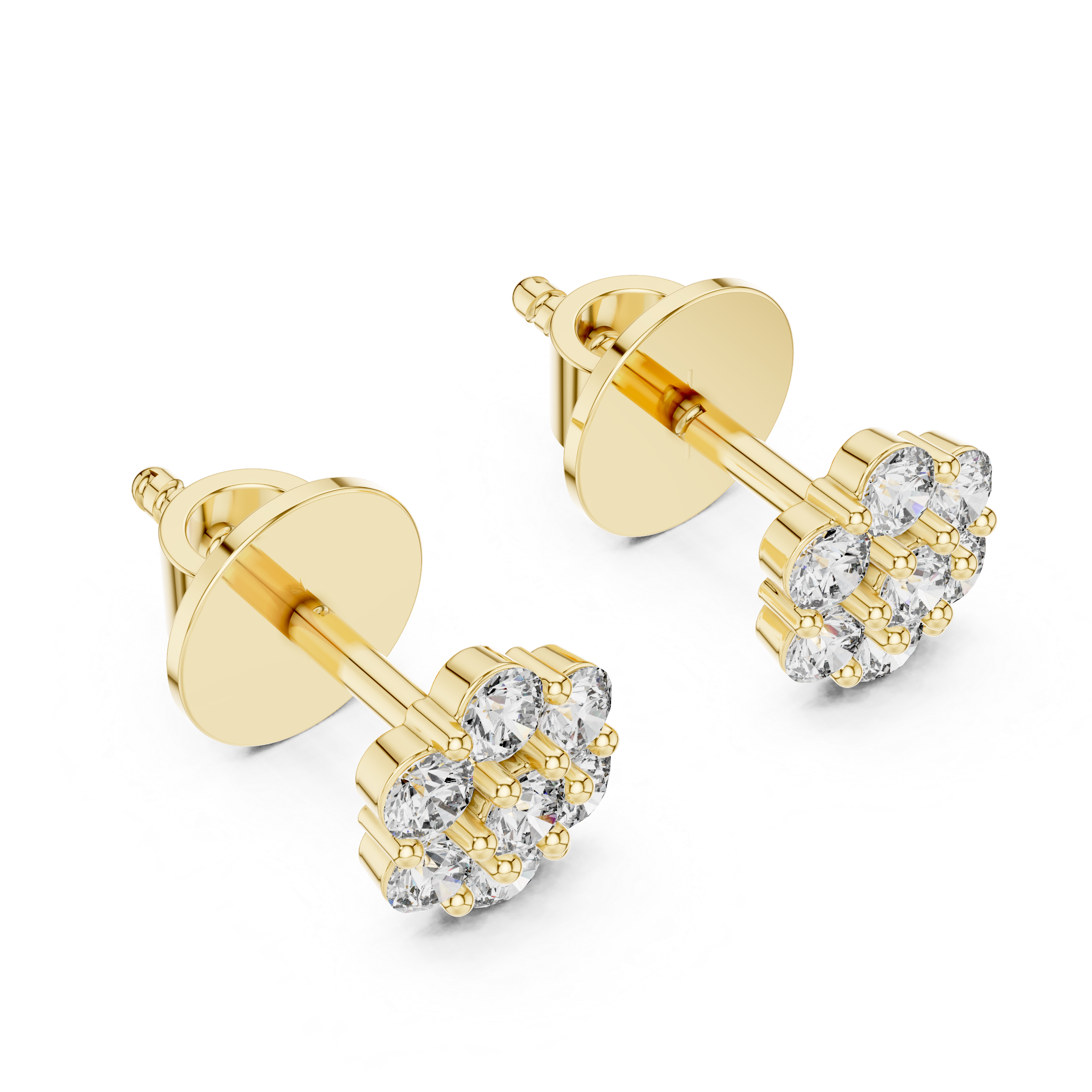 Gold earrings with clear gemstones on a white background
