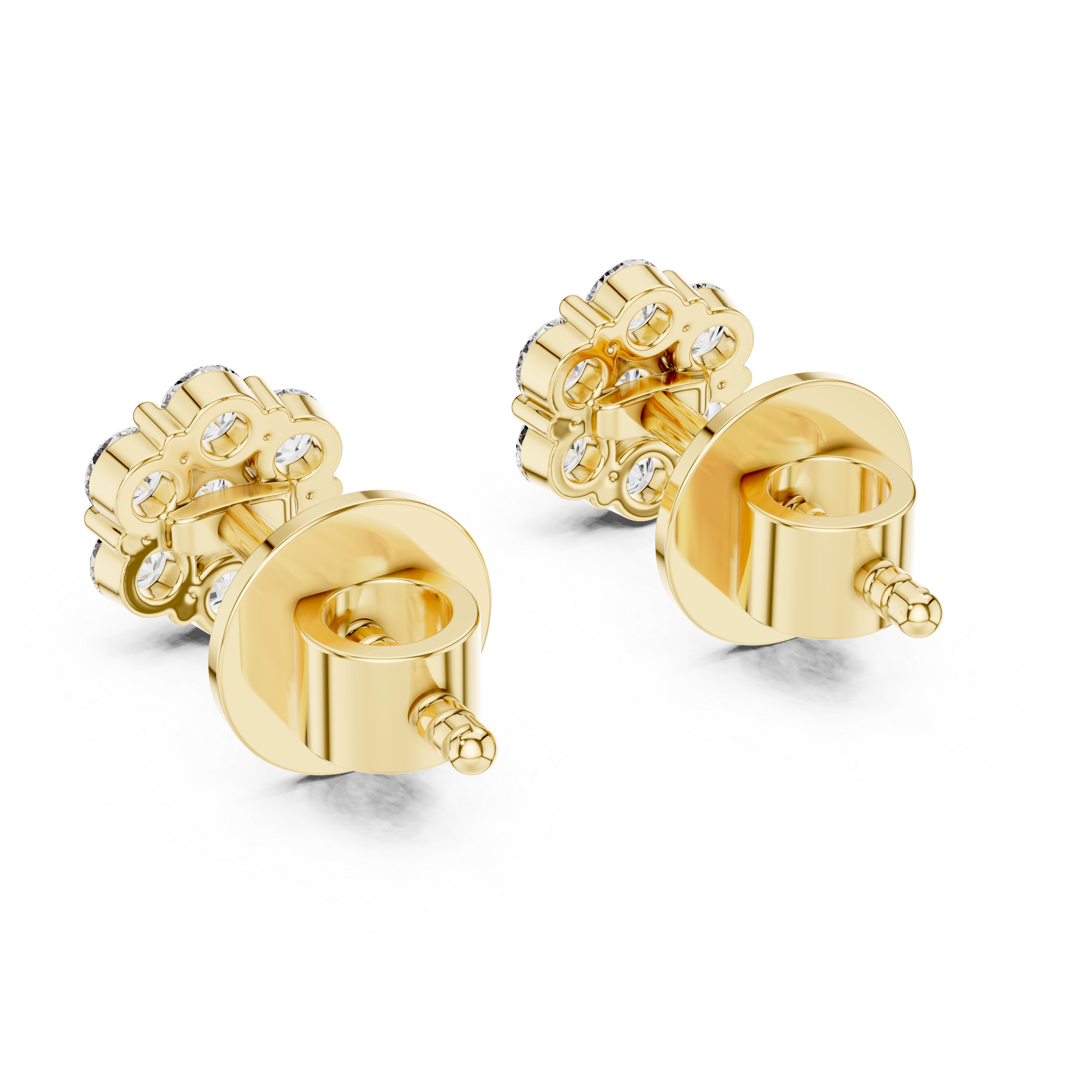Pair of gold earrings with small diamonds on a white background