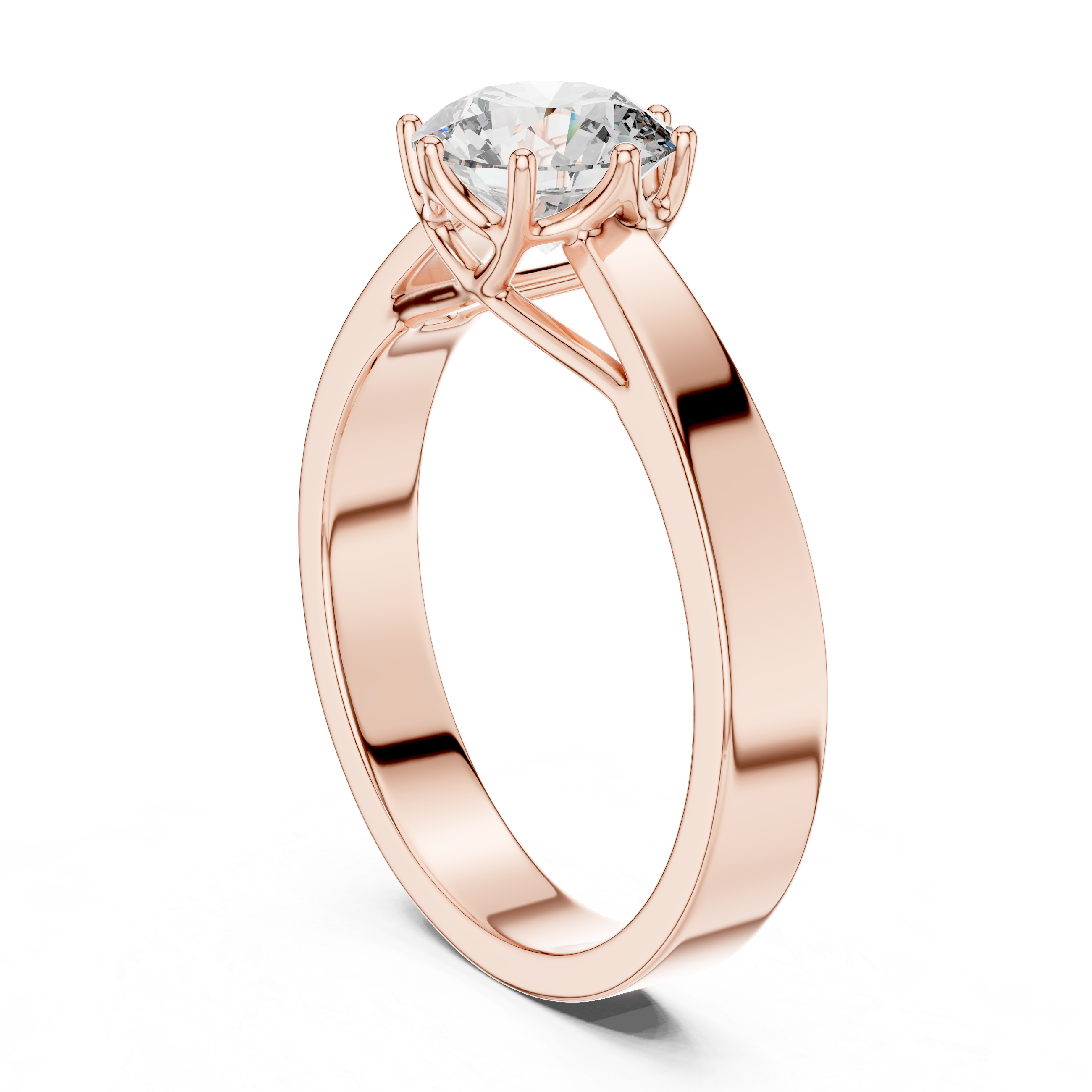 Rose gold ring with a diamond on a white background