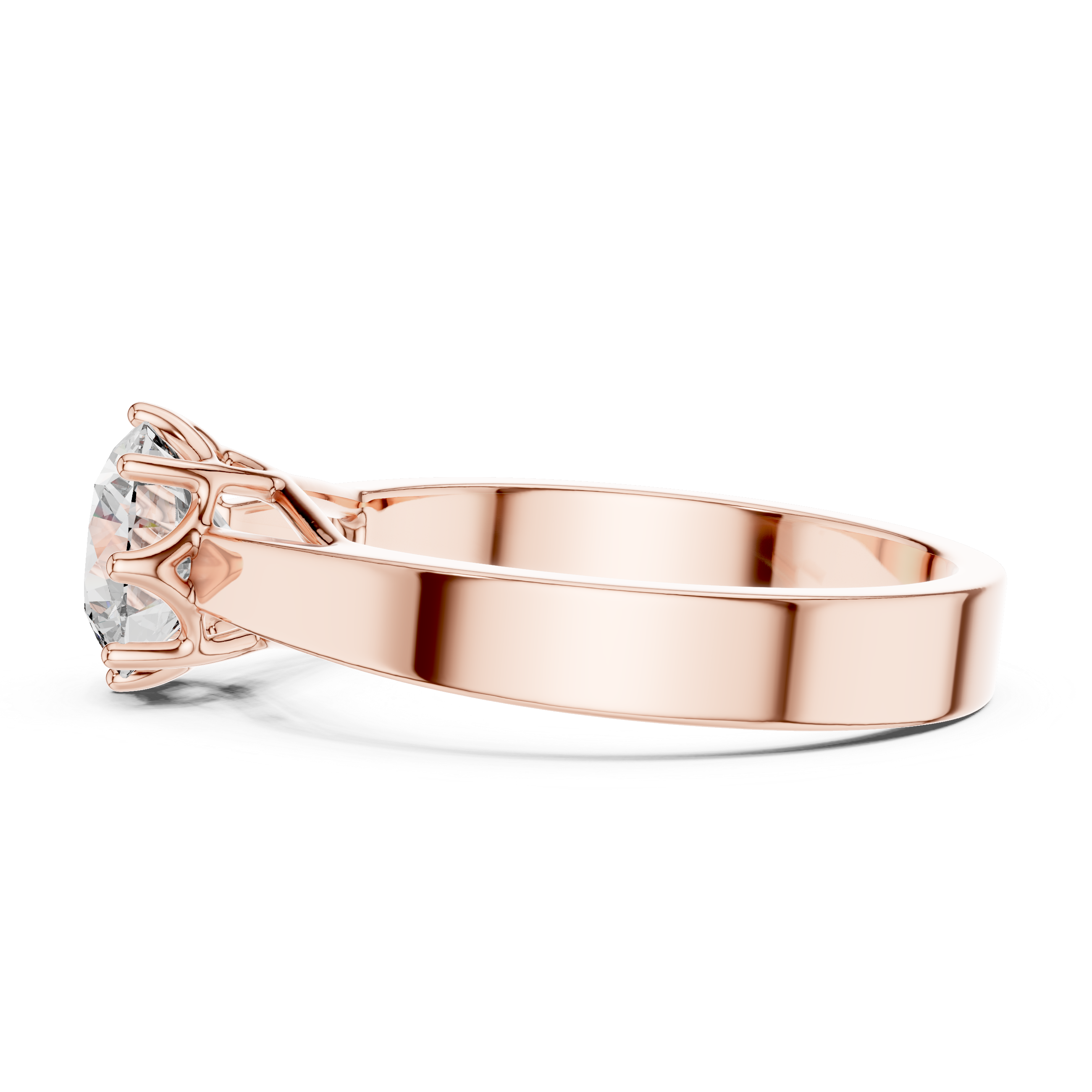 Rose gold ring with a diamond on a white background