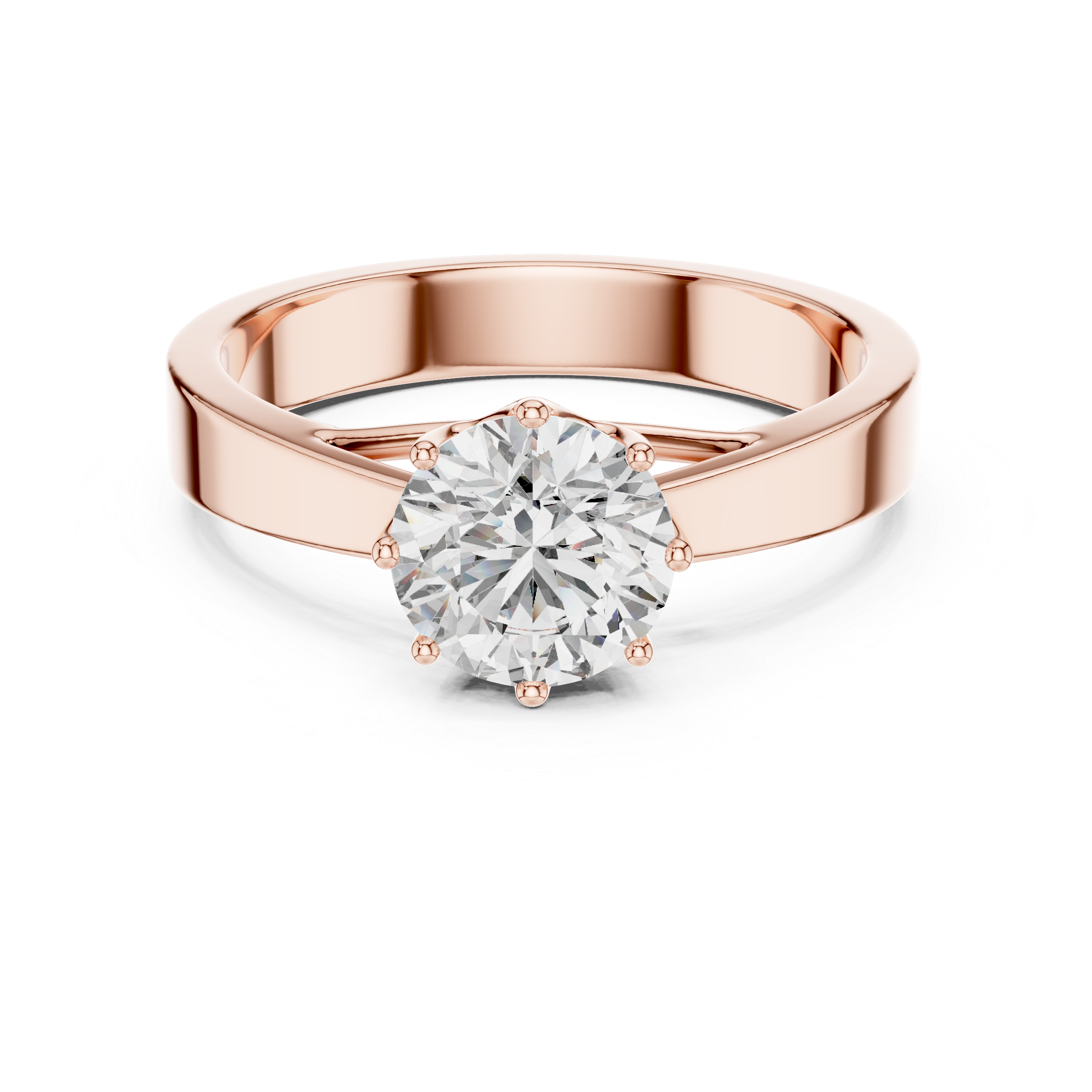 Rose gold ring with a large diamond on a white background