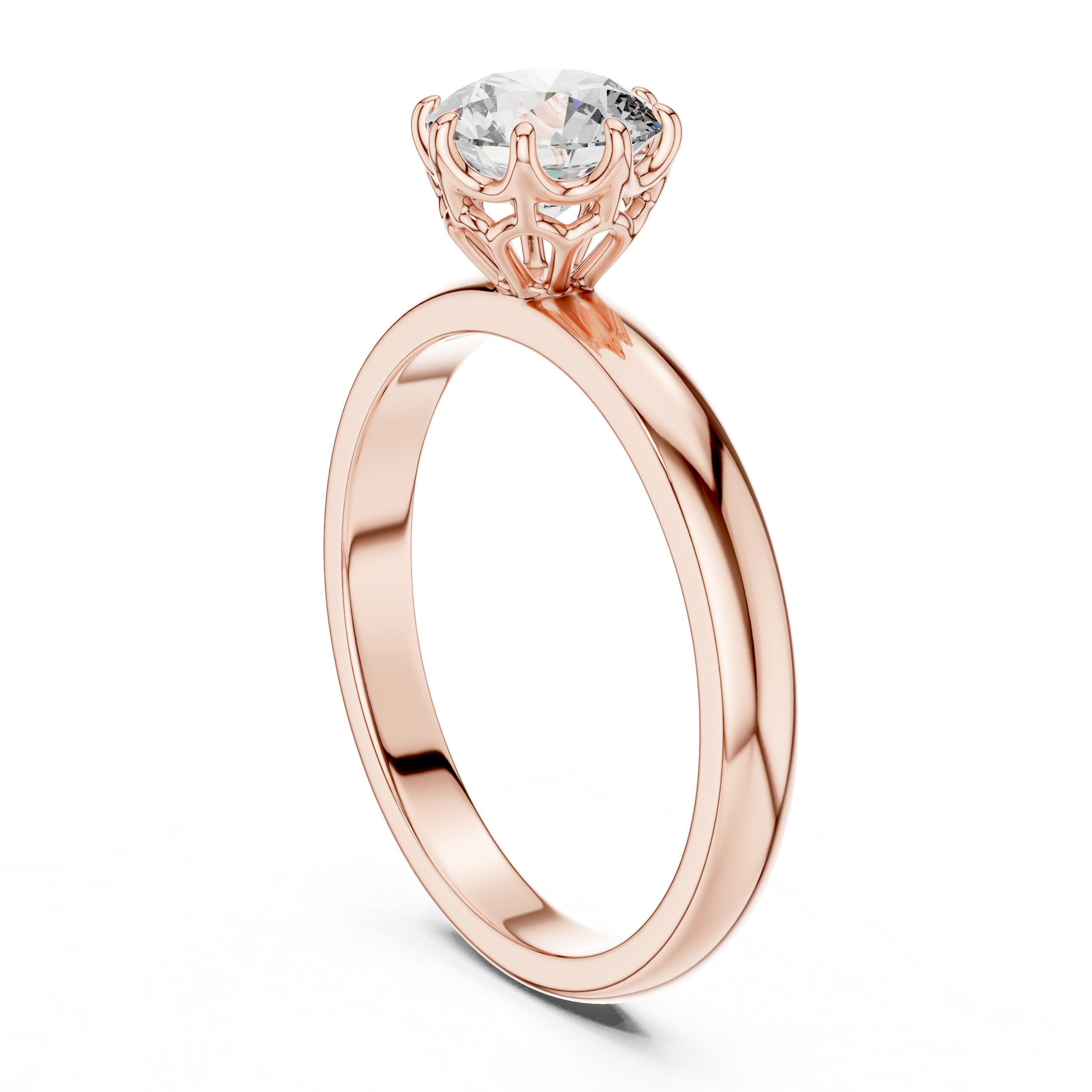Rose gold ring with a diamond on a white background