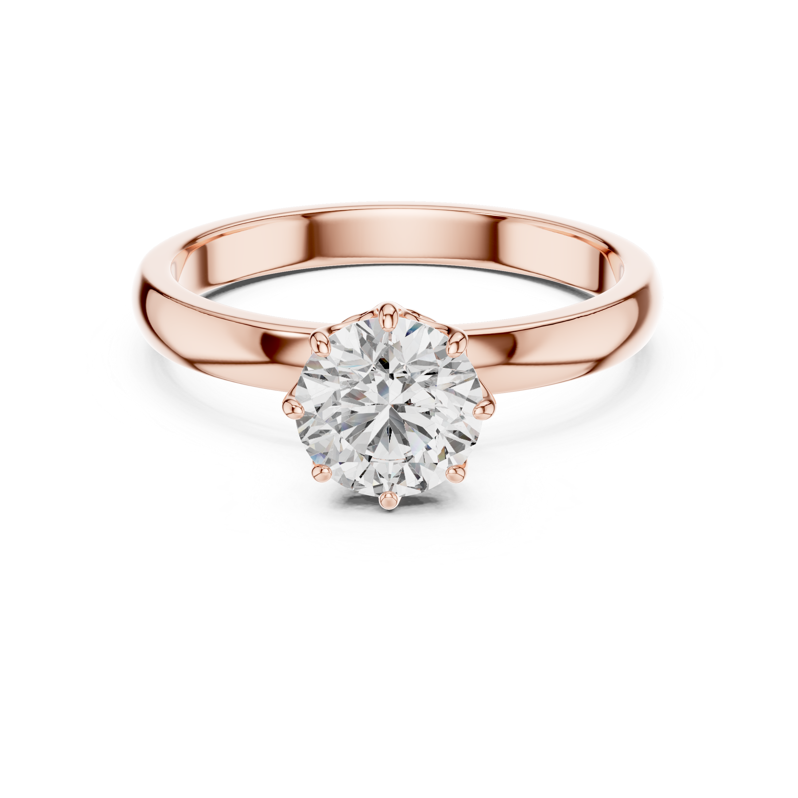 Rose gold ring with a diamond on a white background