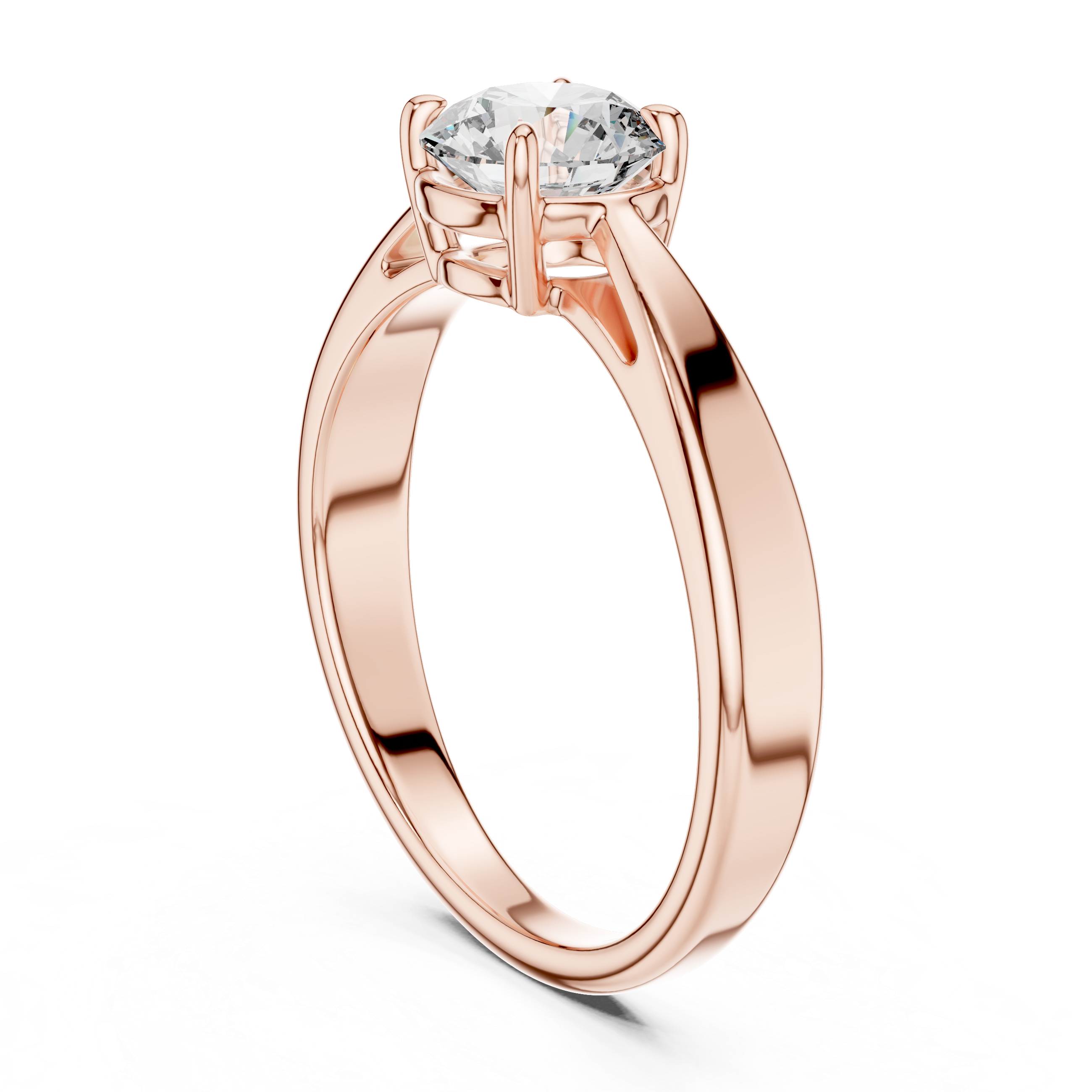 Rose gold ring with a diamond on a white background