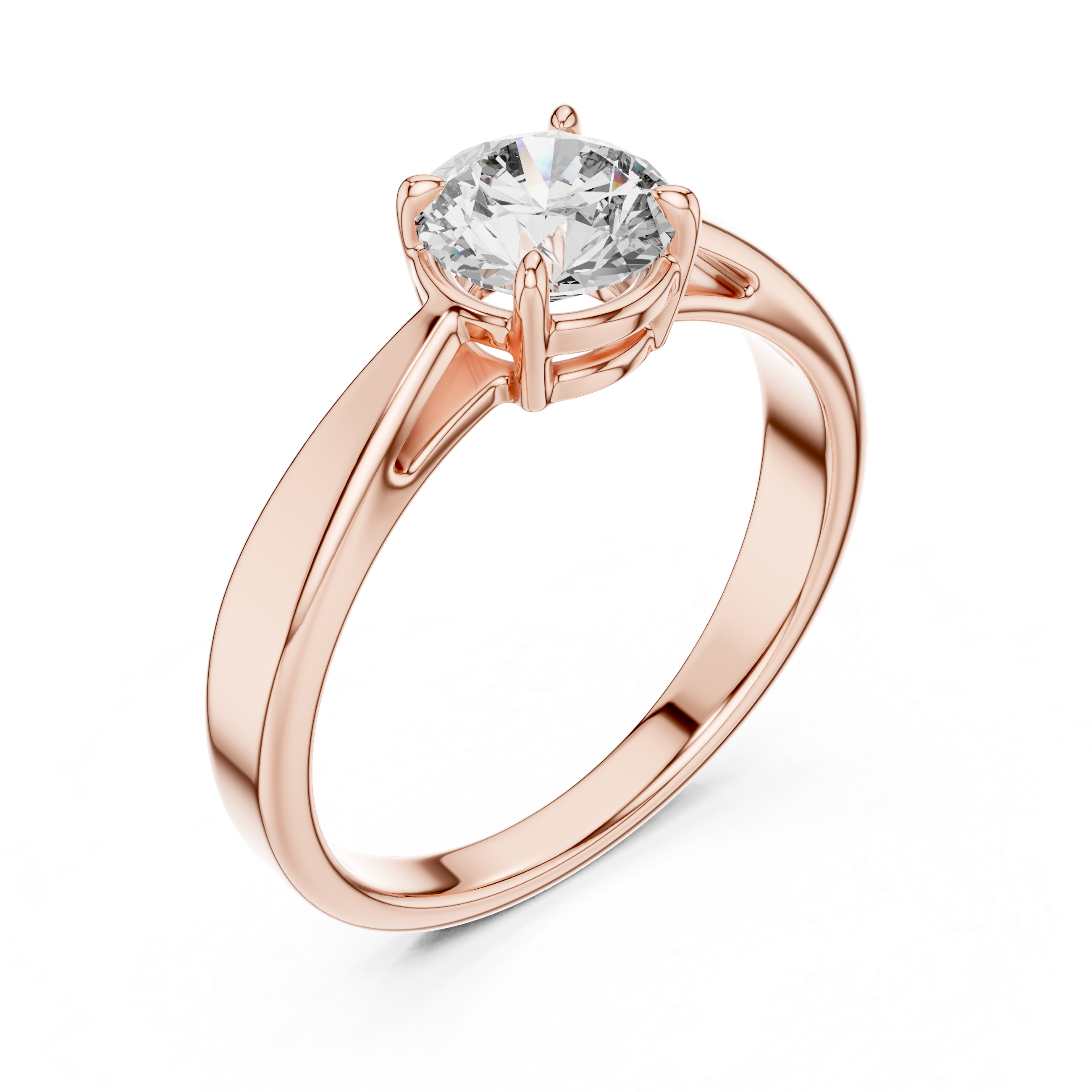 Rose gold ring with a diamond on a white background