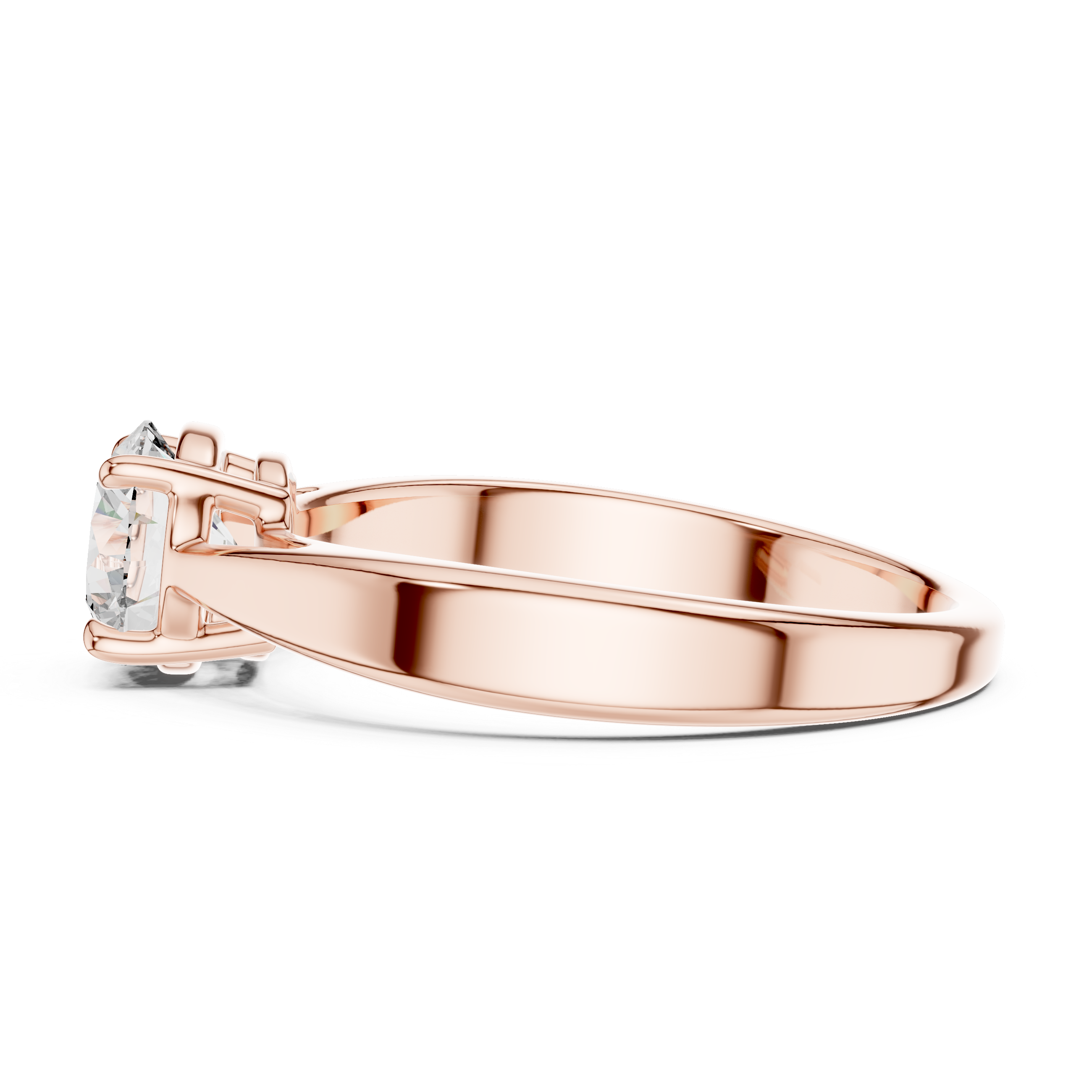 Rose gold ring with a diamond on a white background