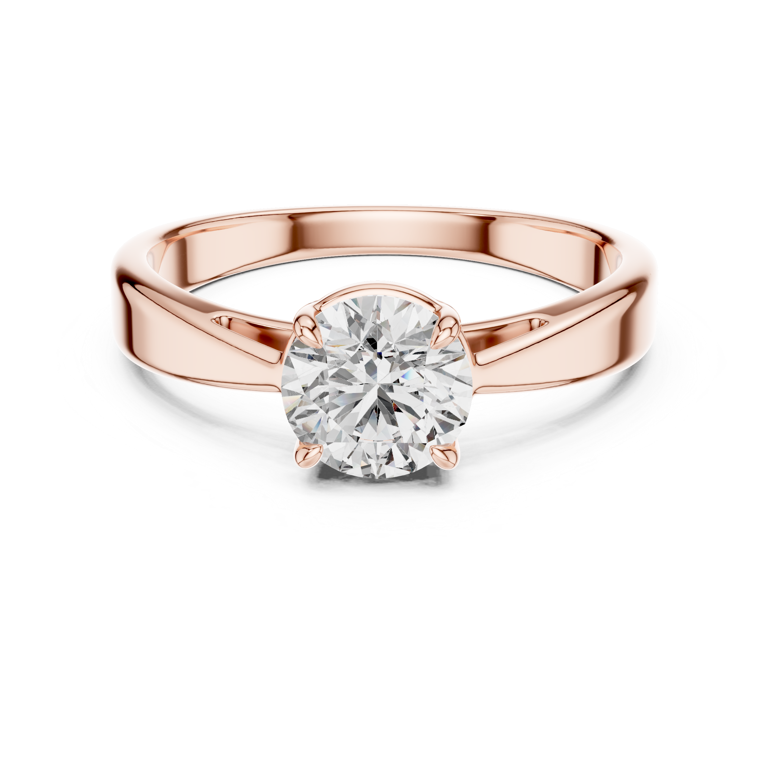 Rose gold ring with a diamond on a white background