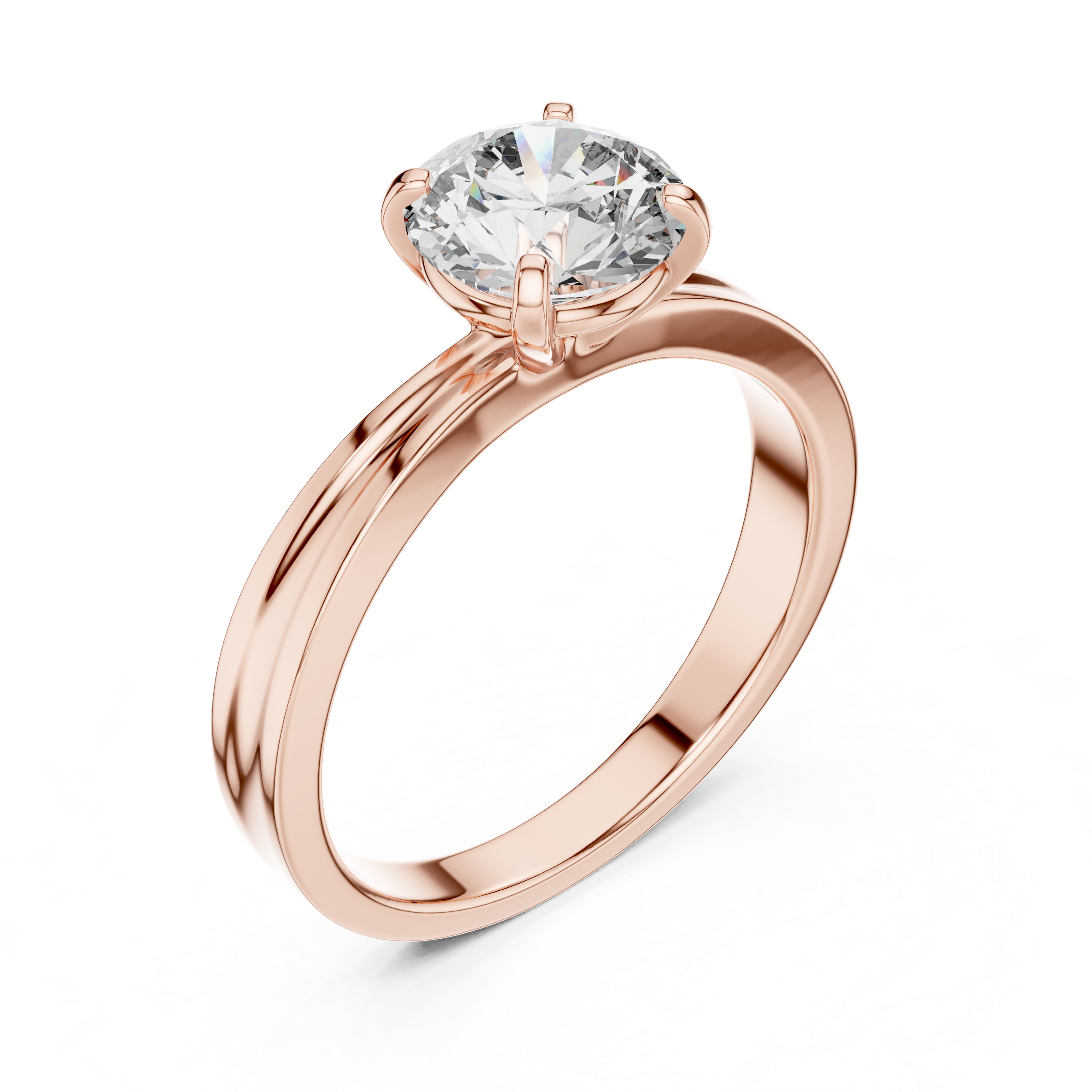 Rose gold ring with a large diamond on a white background