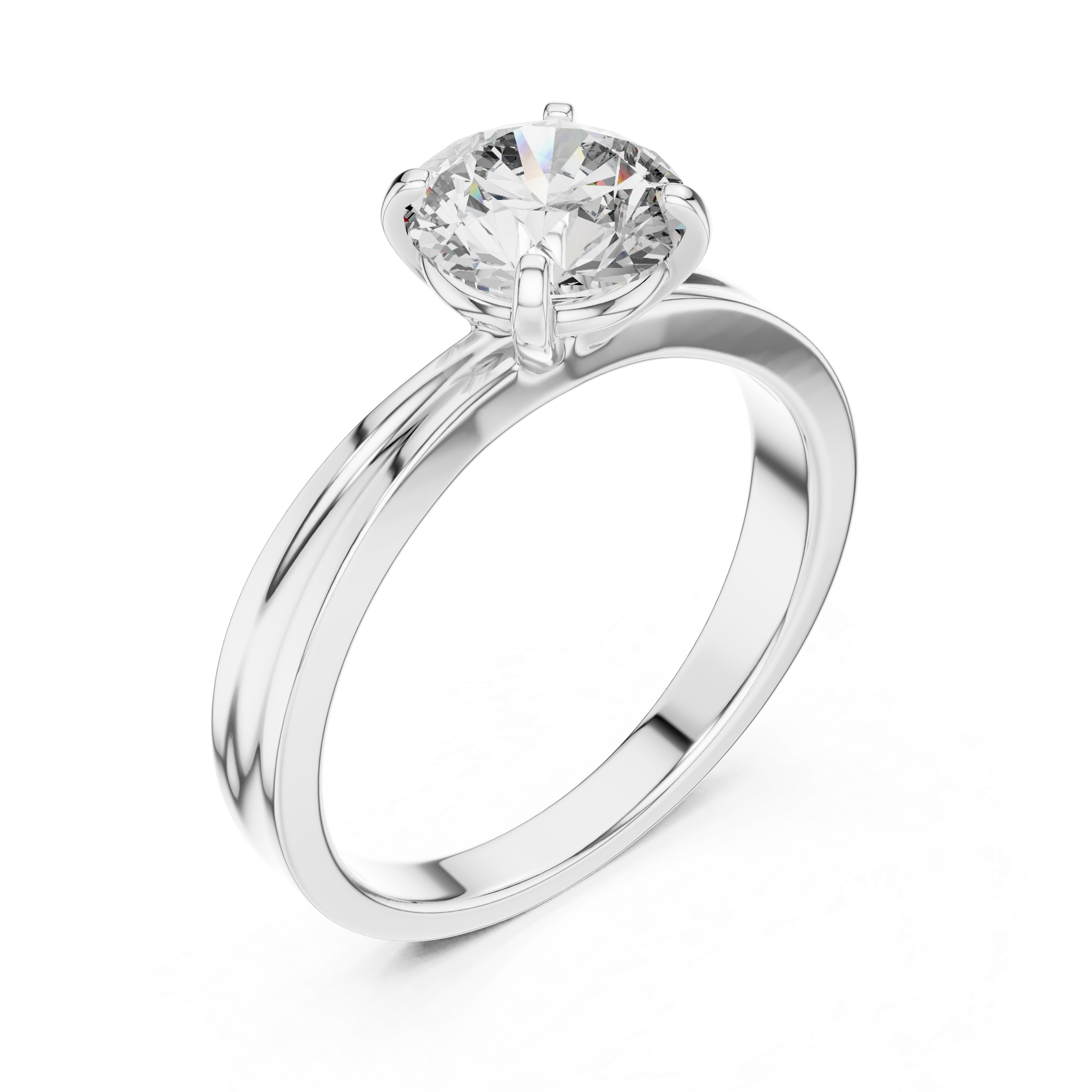 Silver ring with a large diamond on a white background