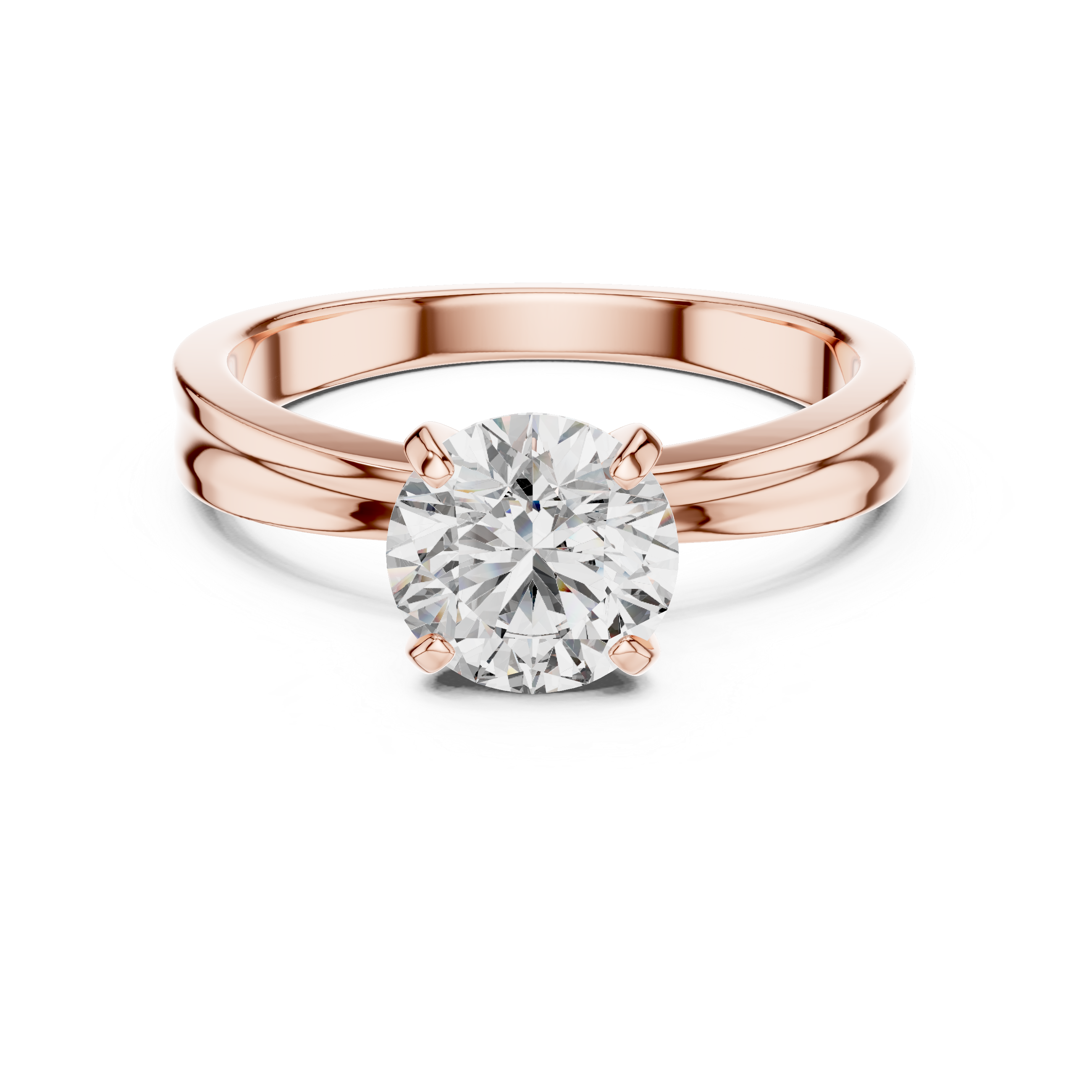 Rose gold ring with a diamond on a white background