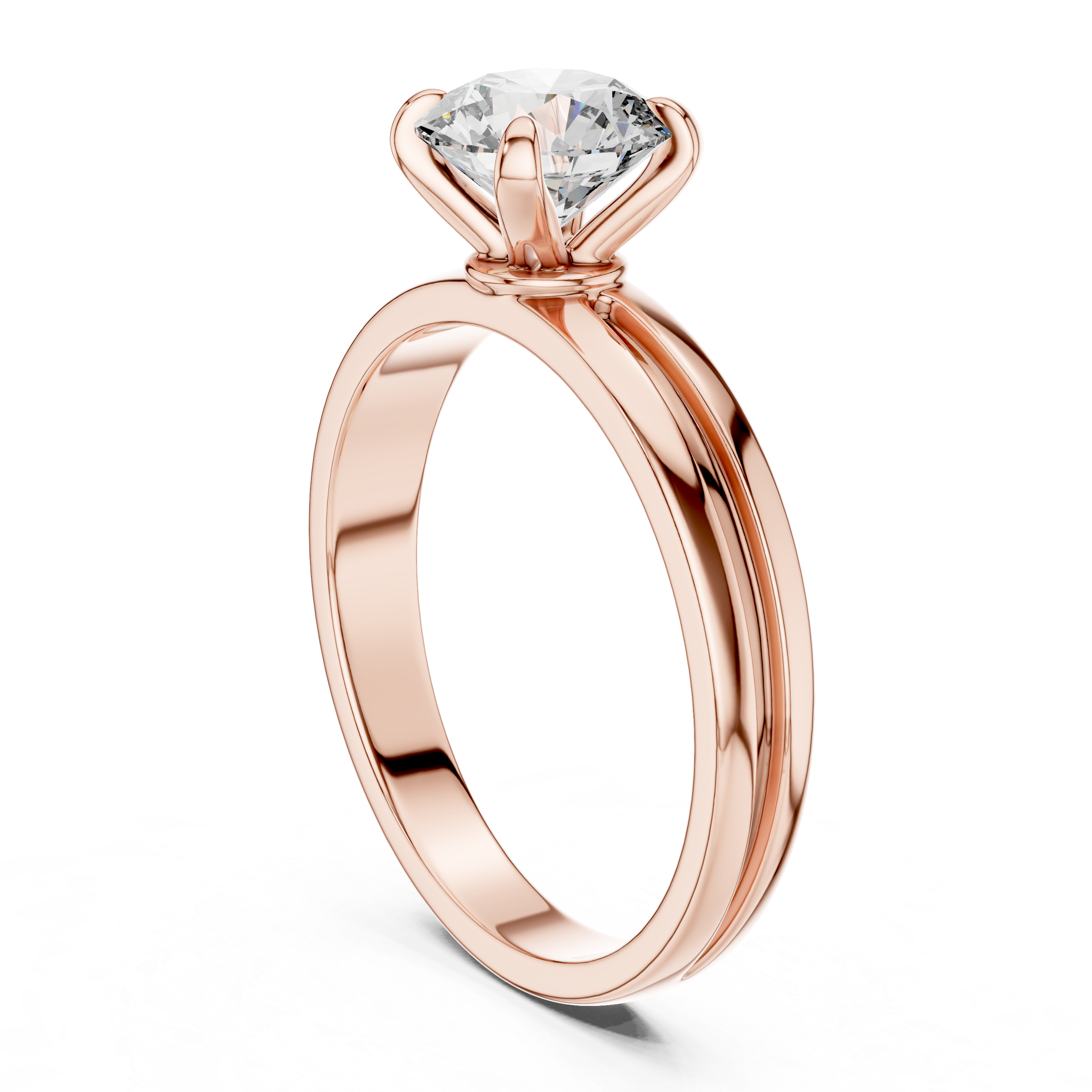 Rose gold ring with a diamond on a white background