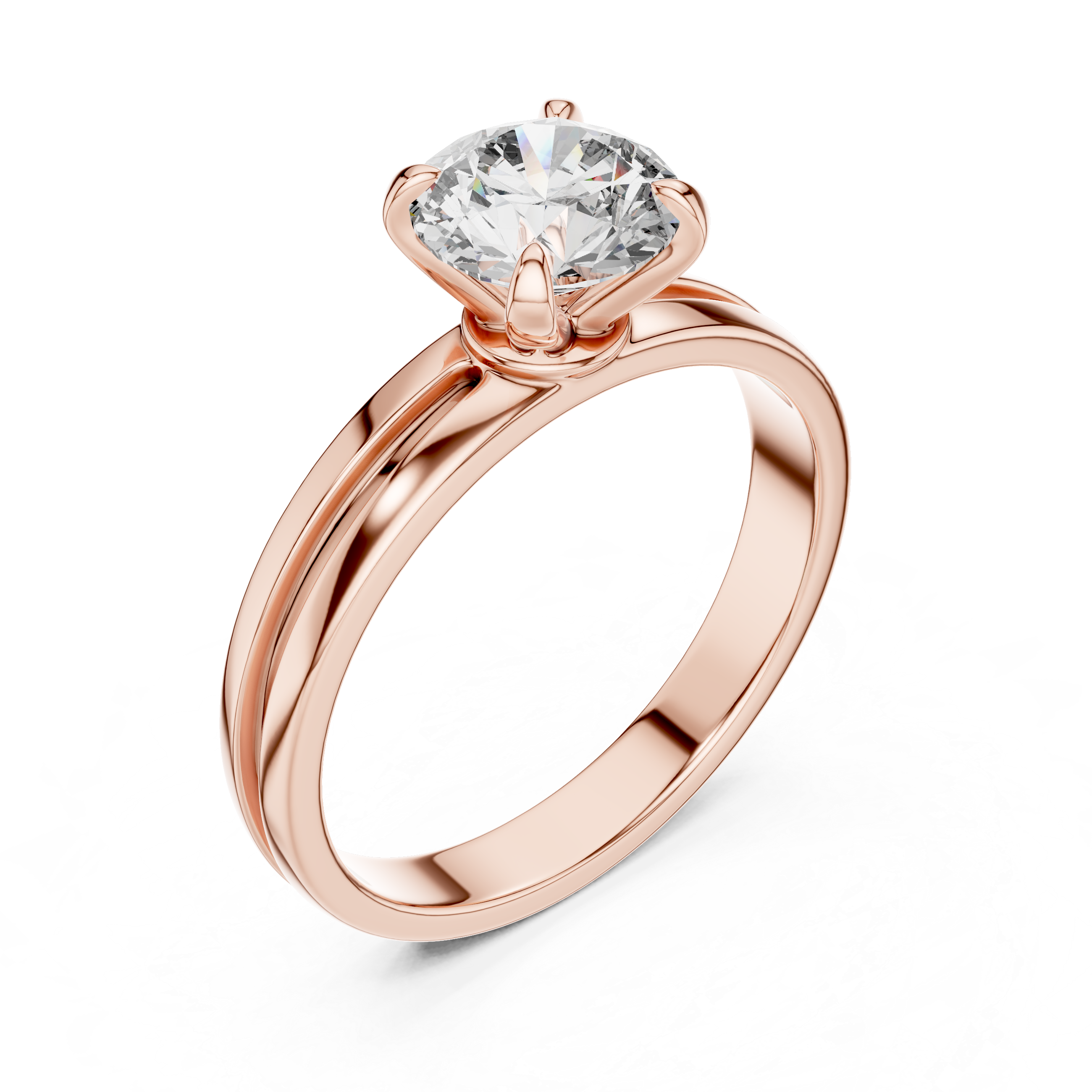 Rose gold ring with a diamond on a white background