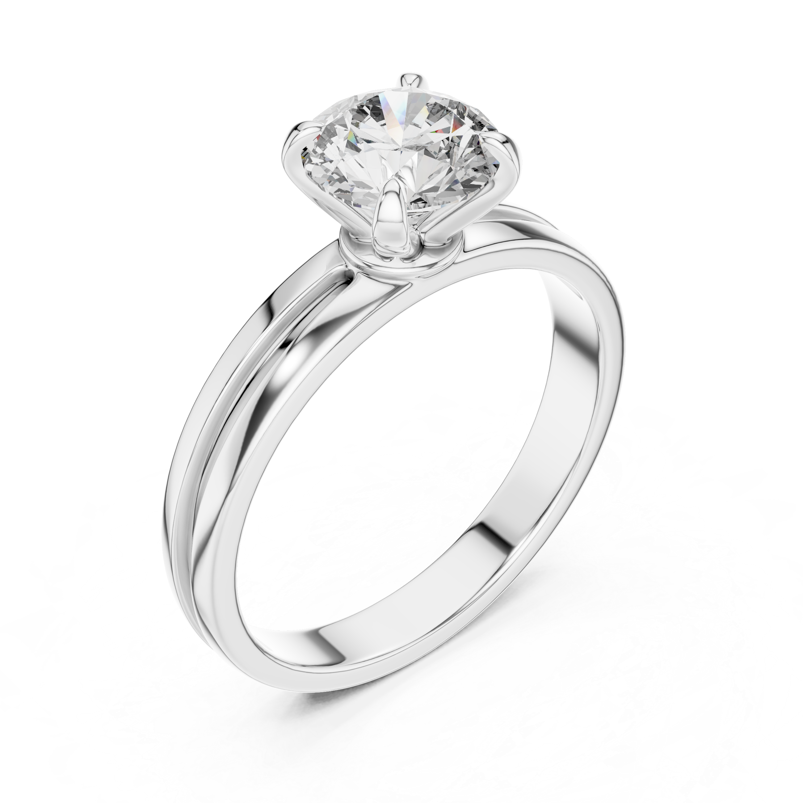 Silver ring with a large diamond on a white background