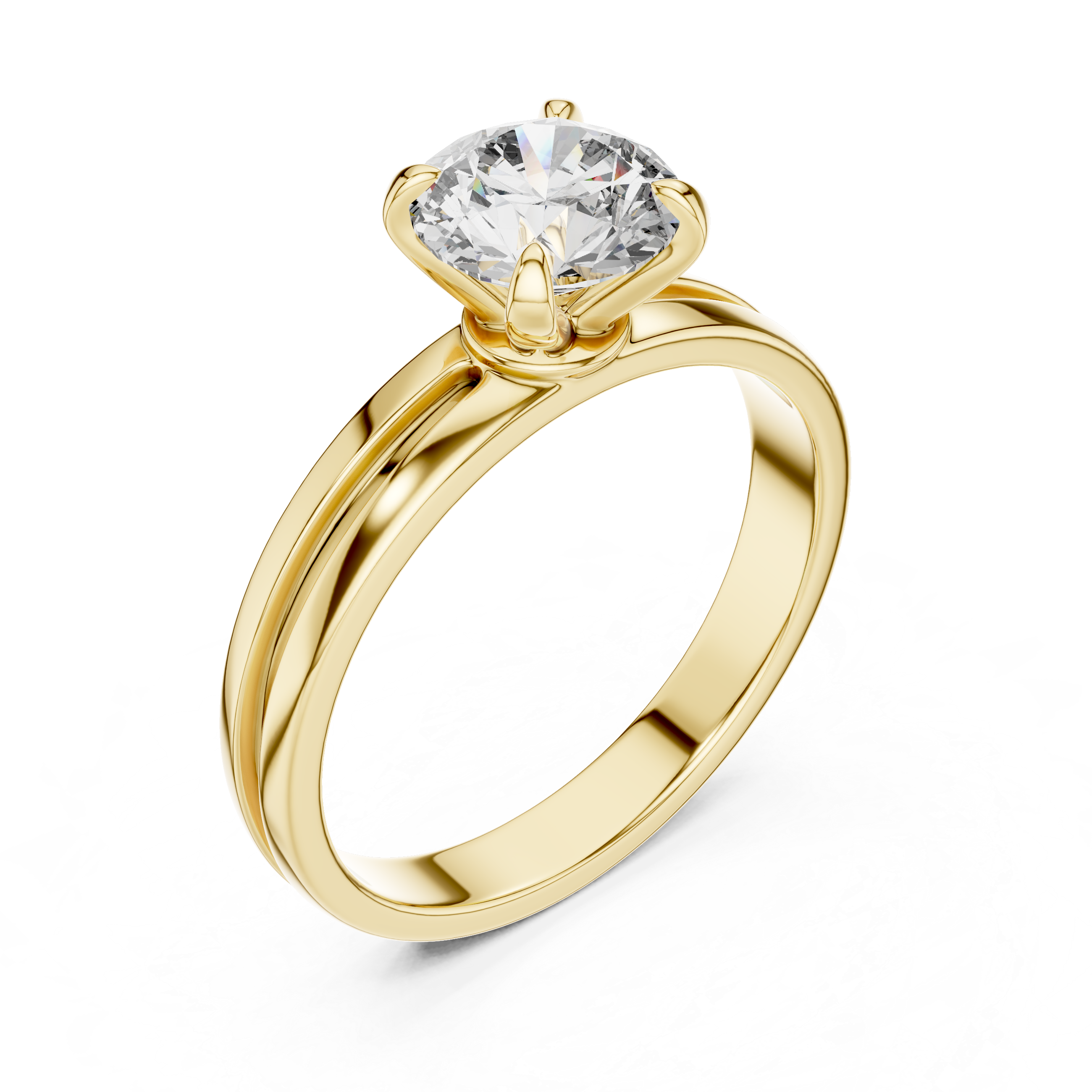 Gold ring with a large diamond on a white background