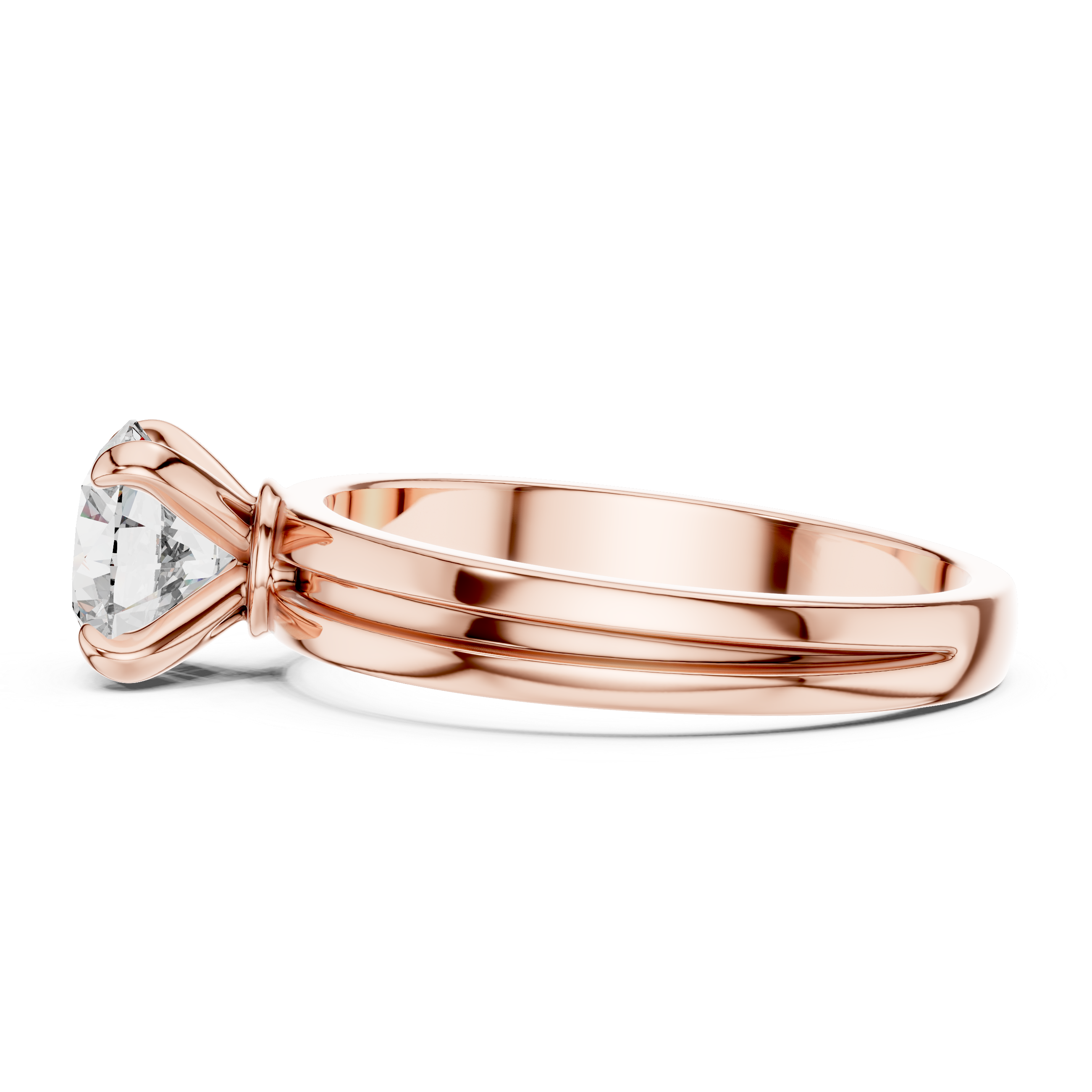Rose gold ring with a diamond on a white background