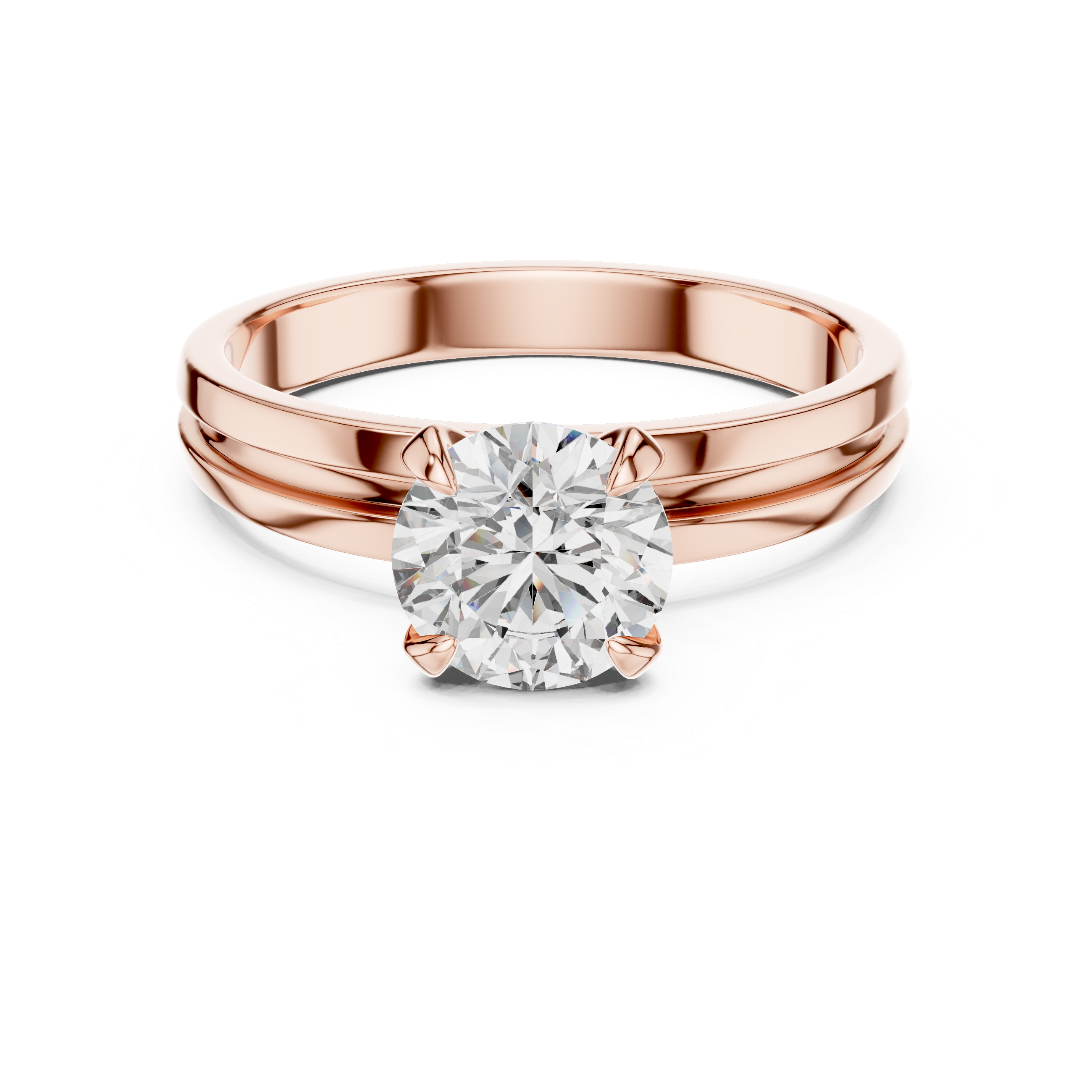 Rose gold ring with a diamond on a white background