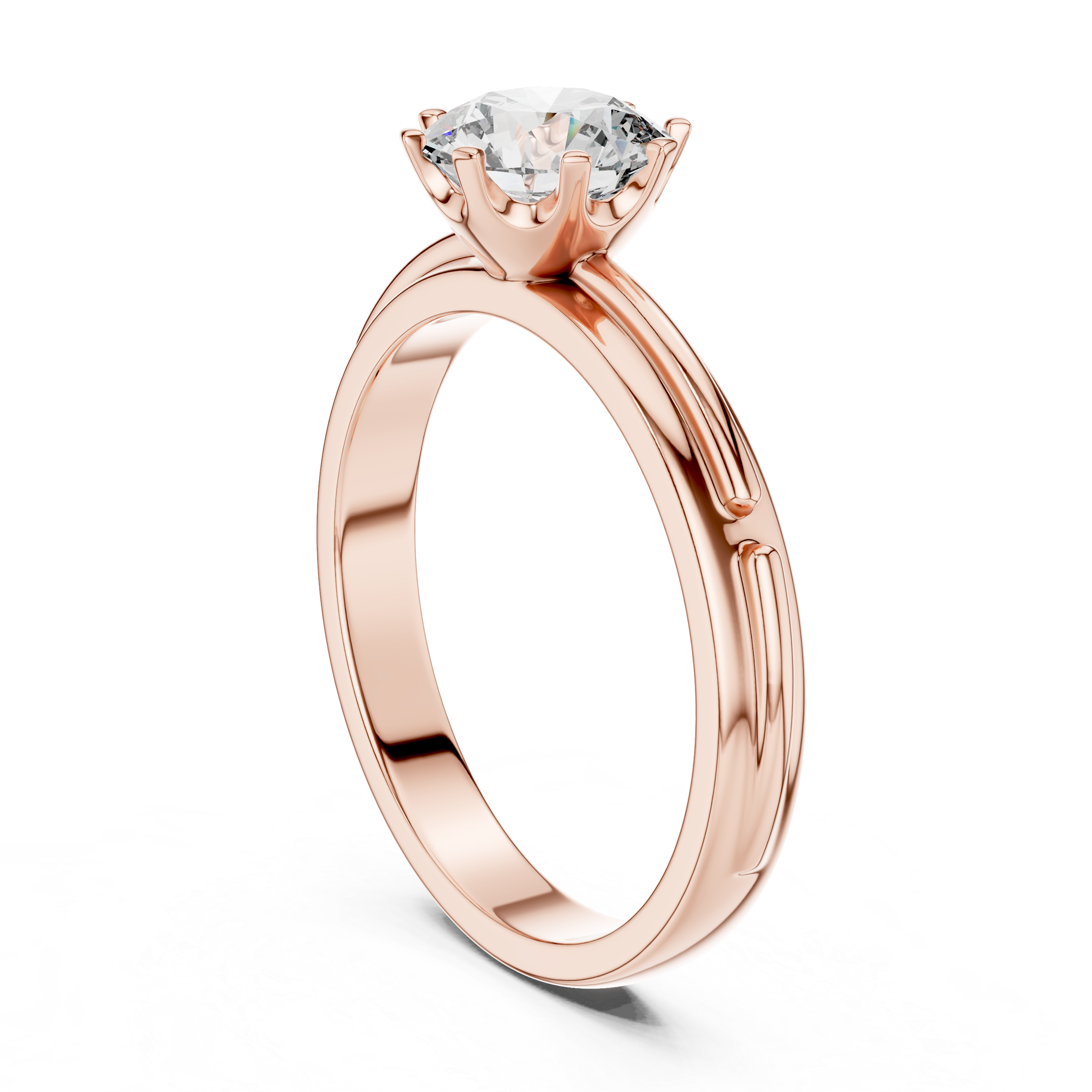 Rose gold ring with a diamond on a white background