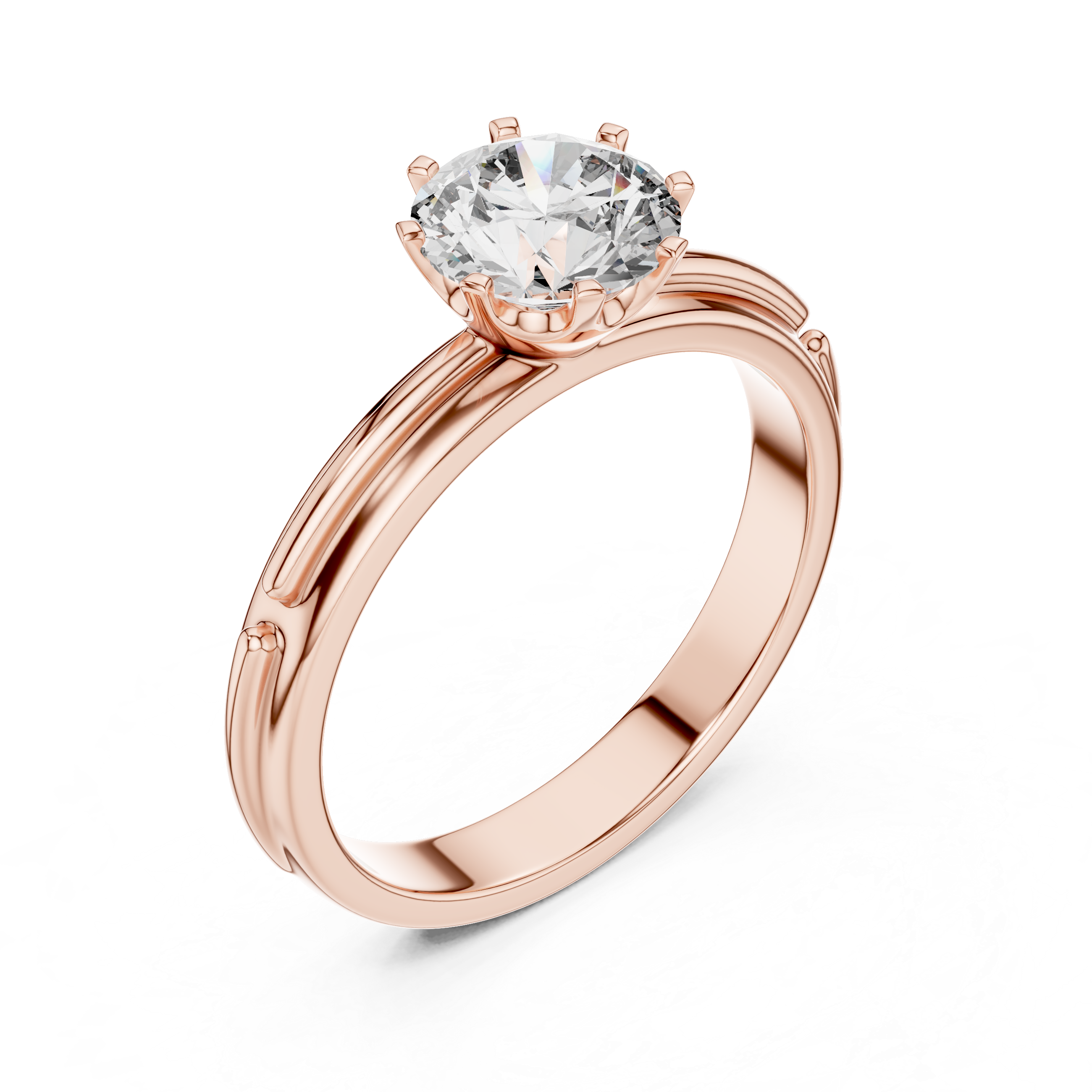 Rose gold ring with a diamond on a white background