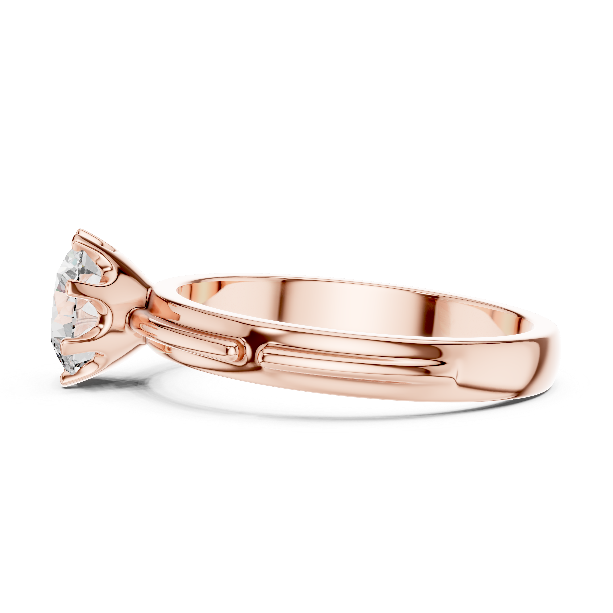 Rose gold ring with a diamond on a white background