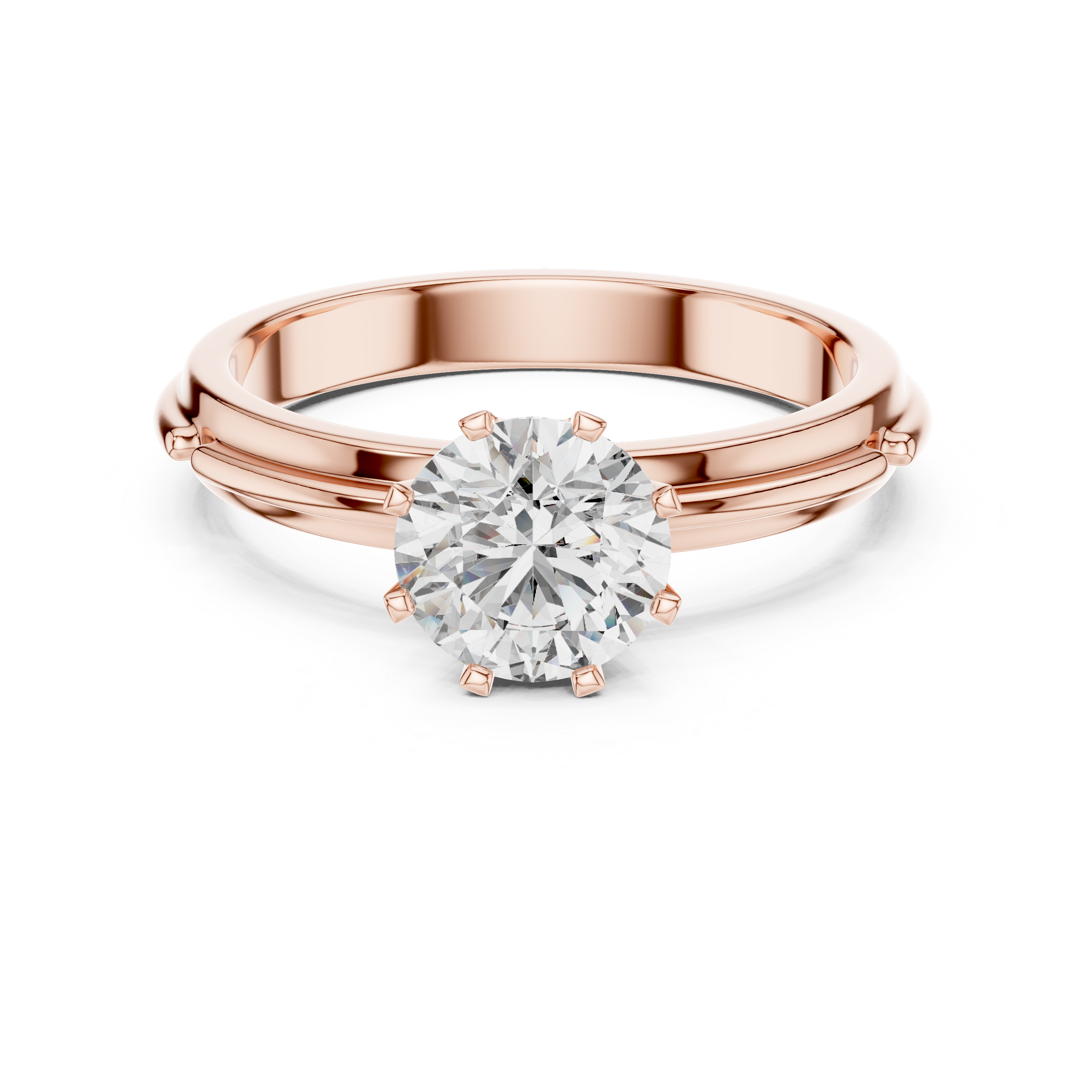 Rose gold ring with a diamond on a white background