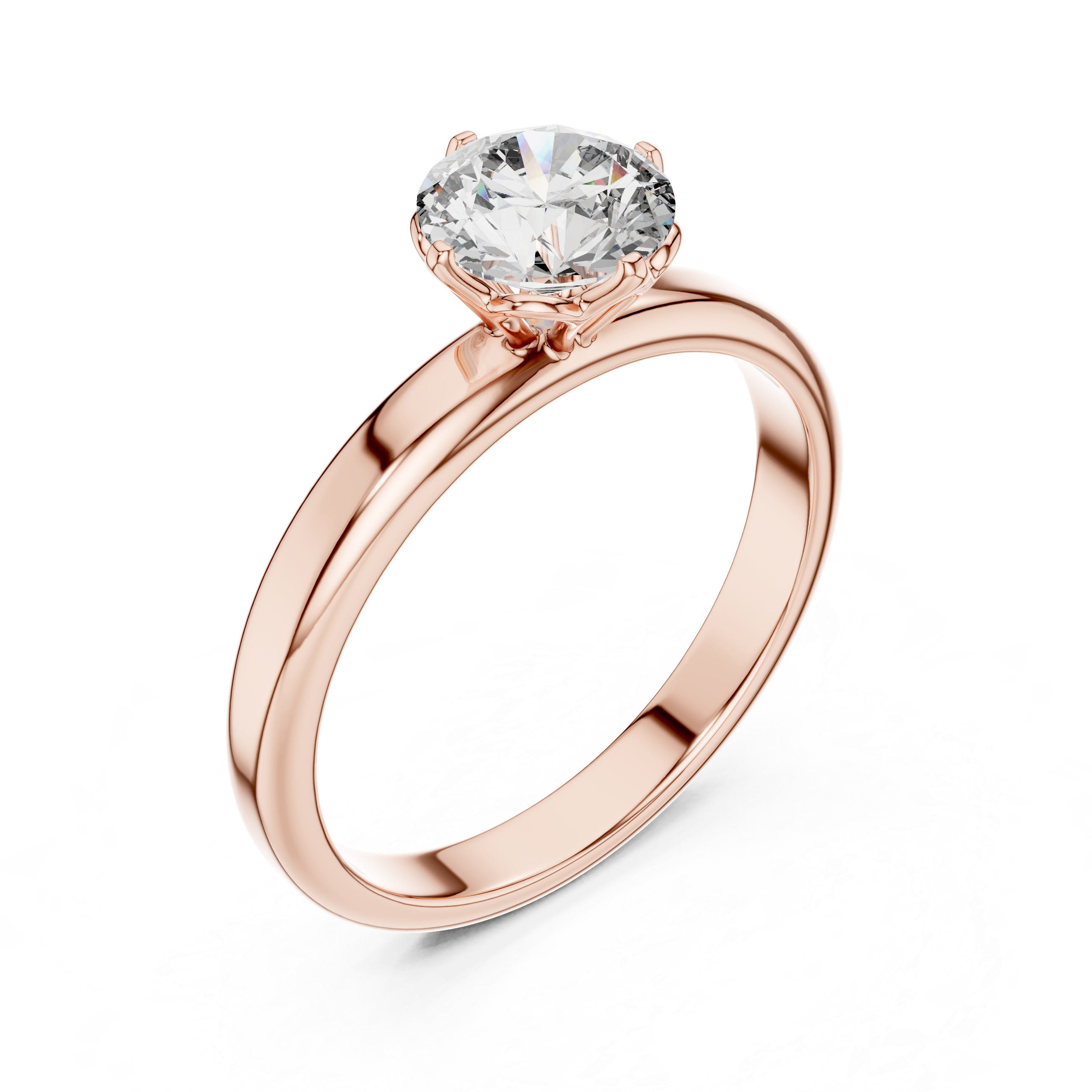 Rose gold ring with a diamond on a white background
