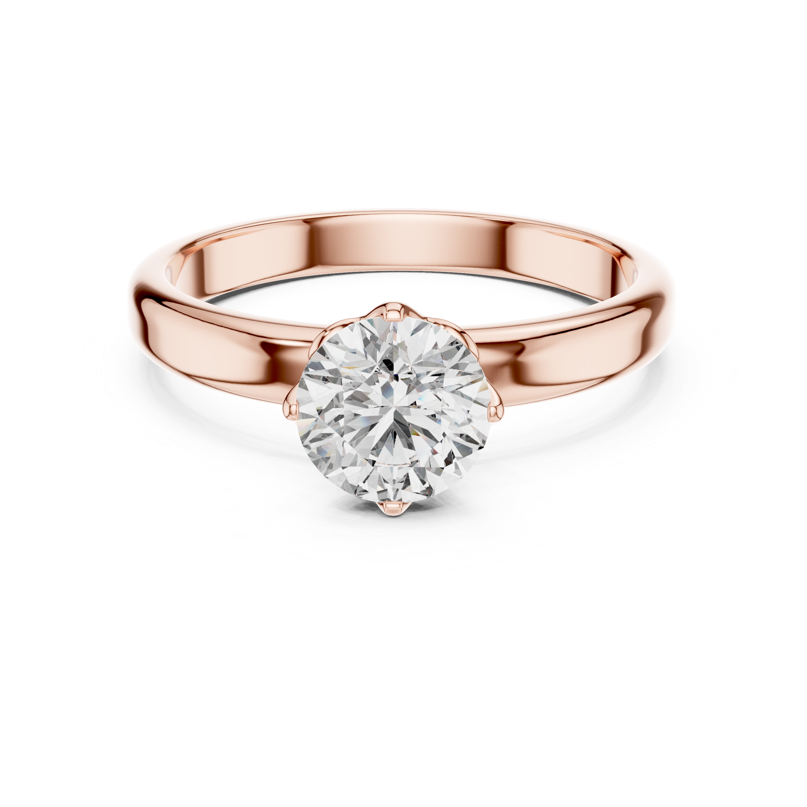 Rose gold ring with a diamond on a white background