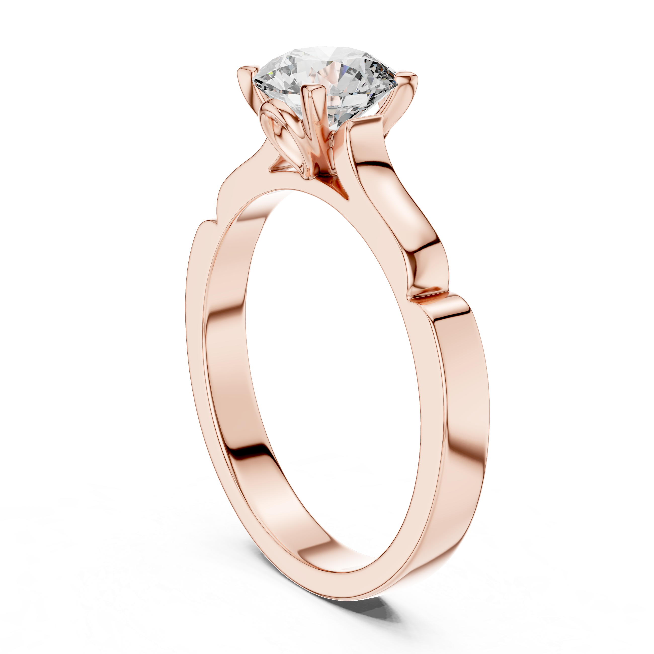 Rose gold ring with a diamond on a white background