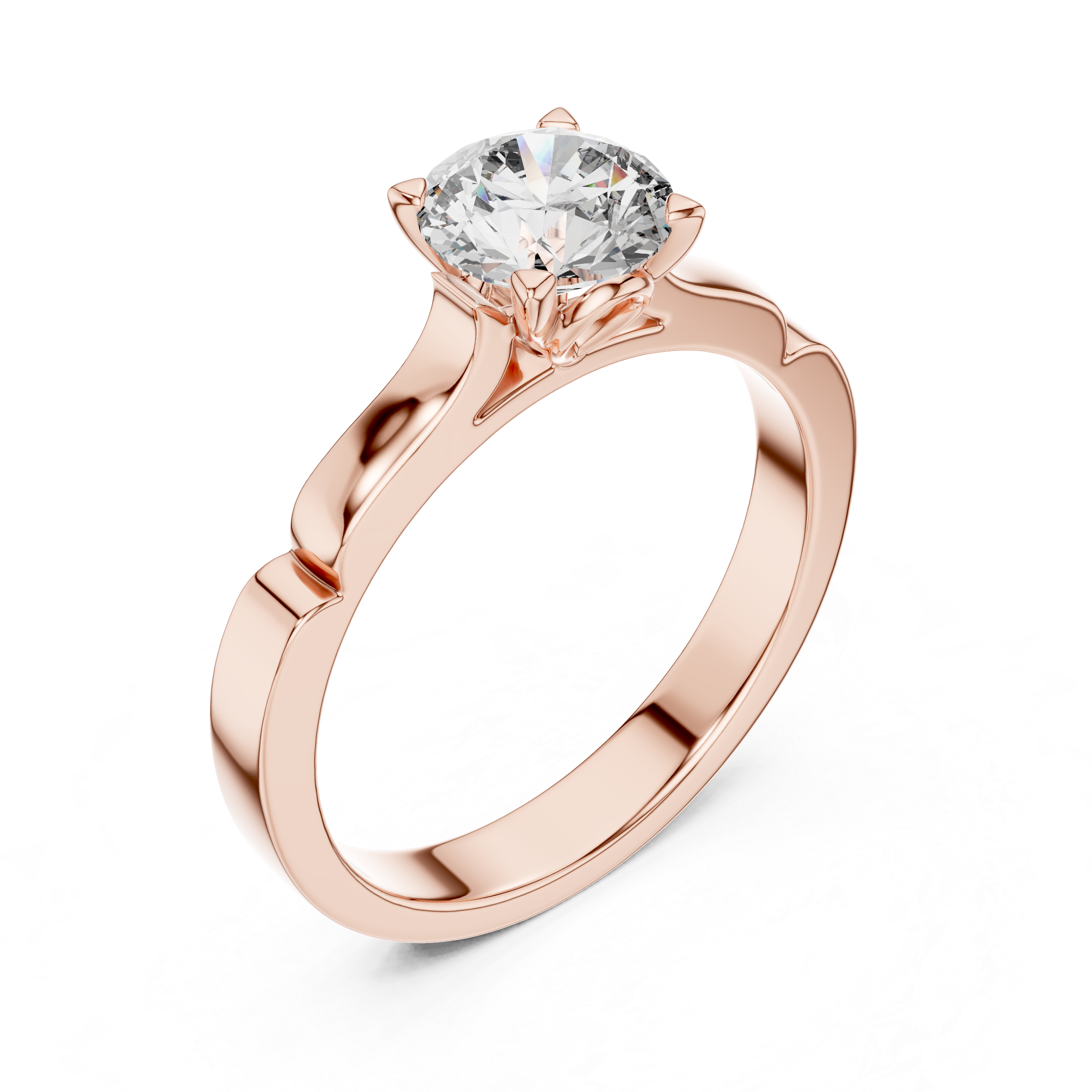 Rose gold ring with a diamond on a white background