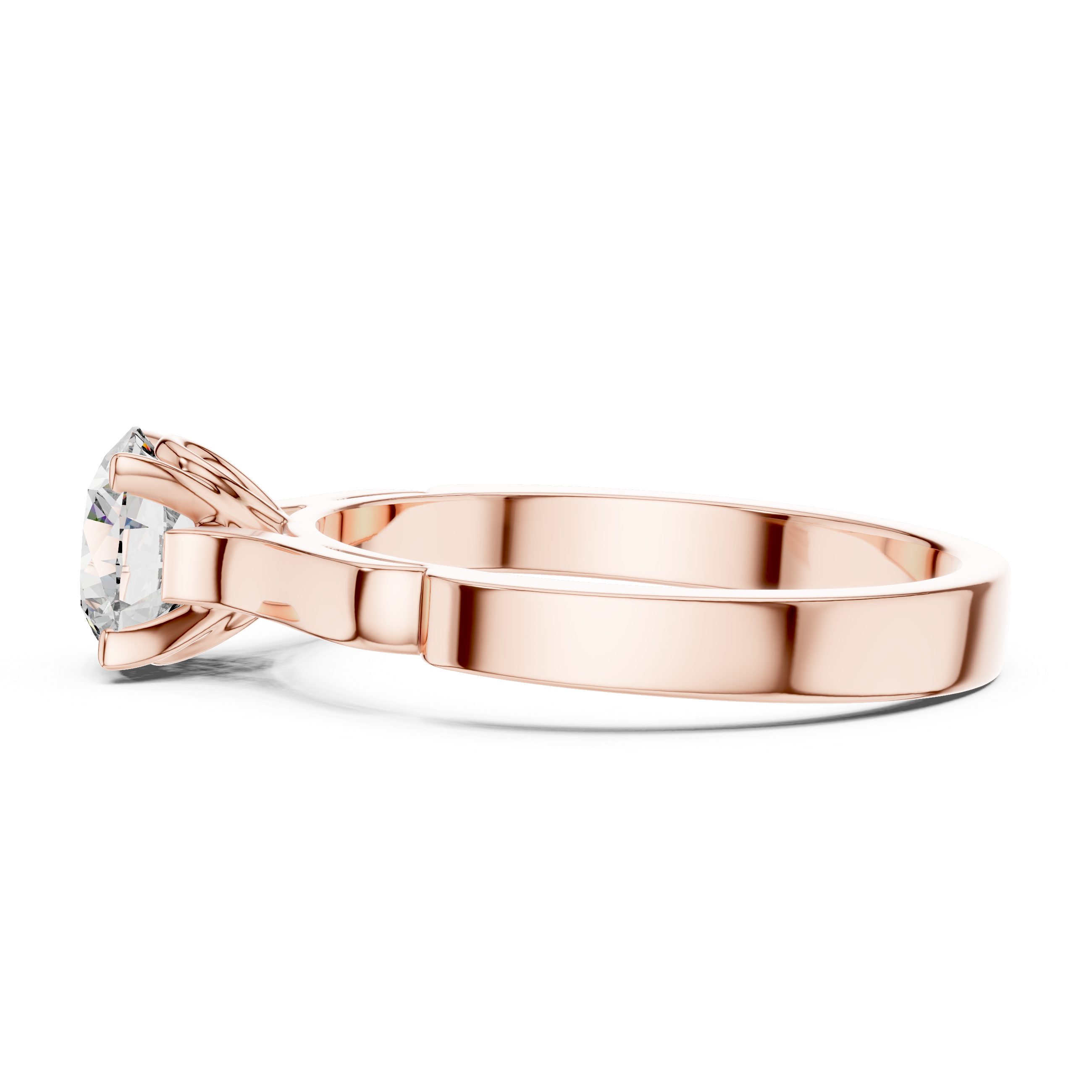 Rose gold ring with a diamond on a white background