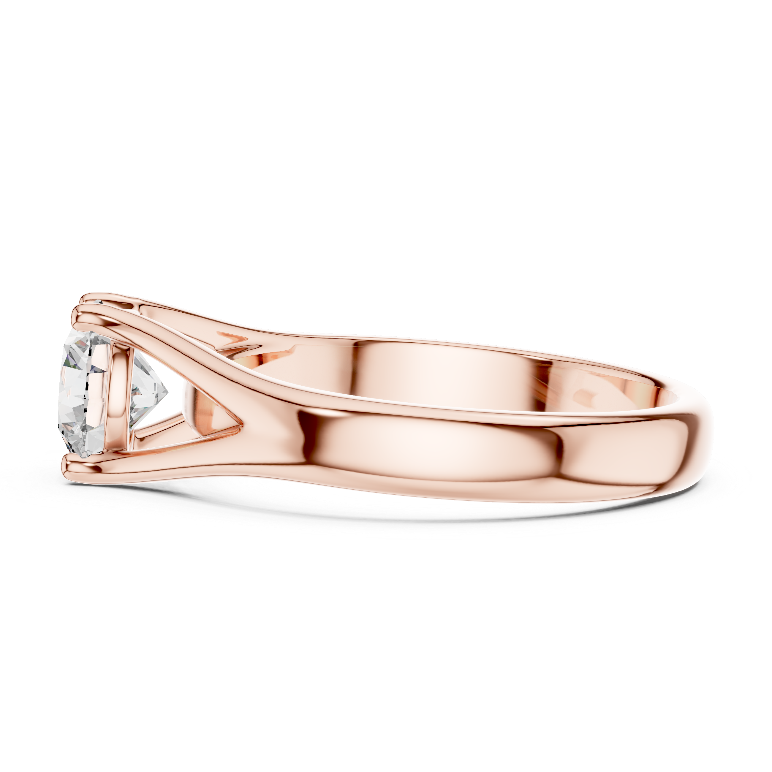 Rose gold ring with a diamond on a white background