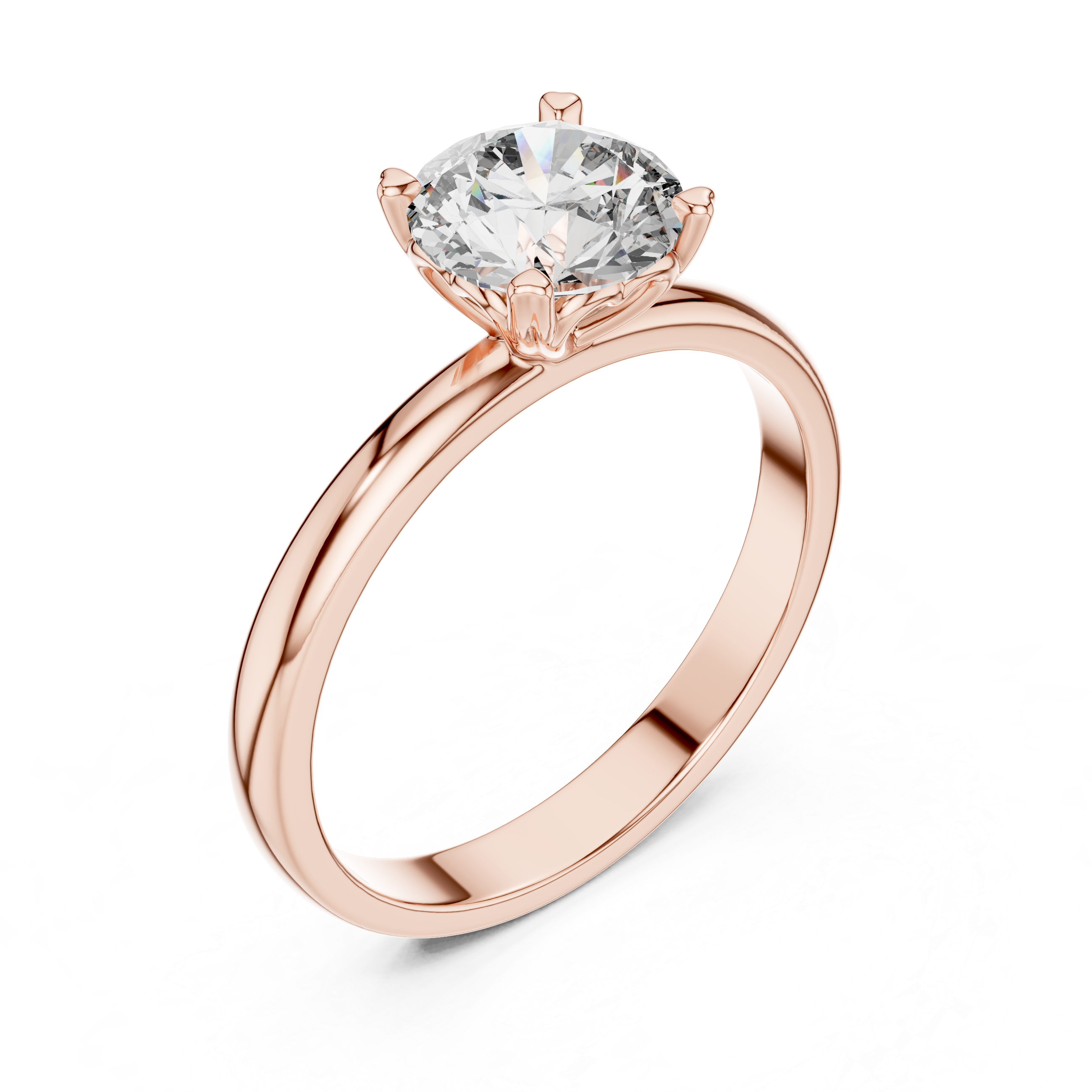 Rose gold ring with a large diamond on a white background