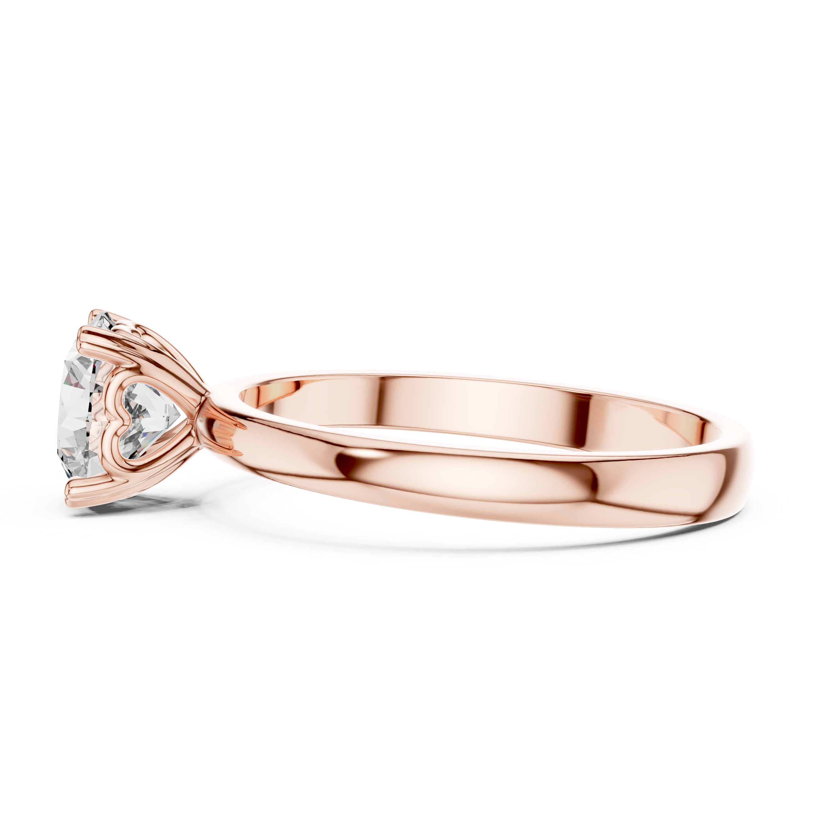 Rose gold ring with a heart-shaped diamond on a white background