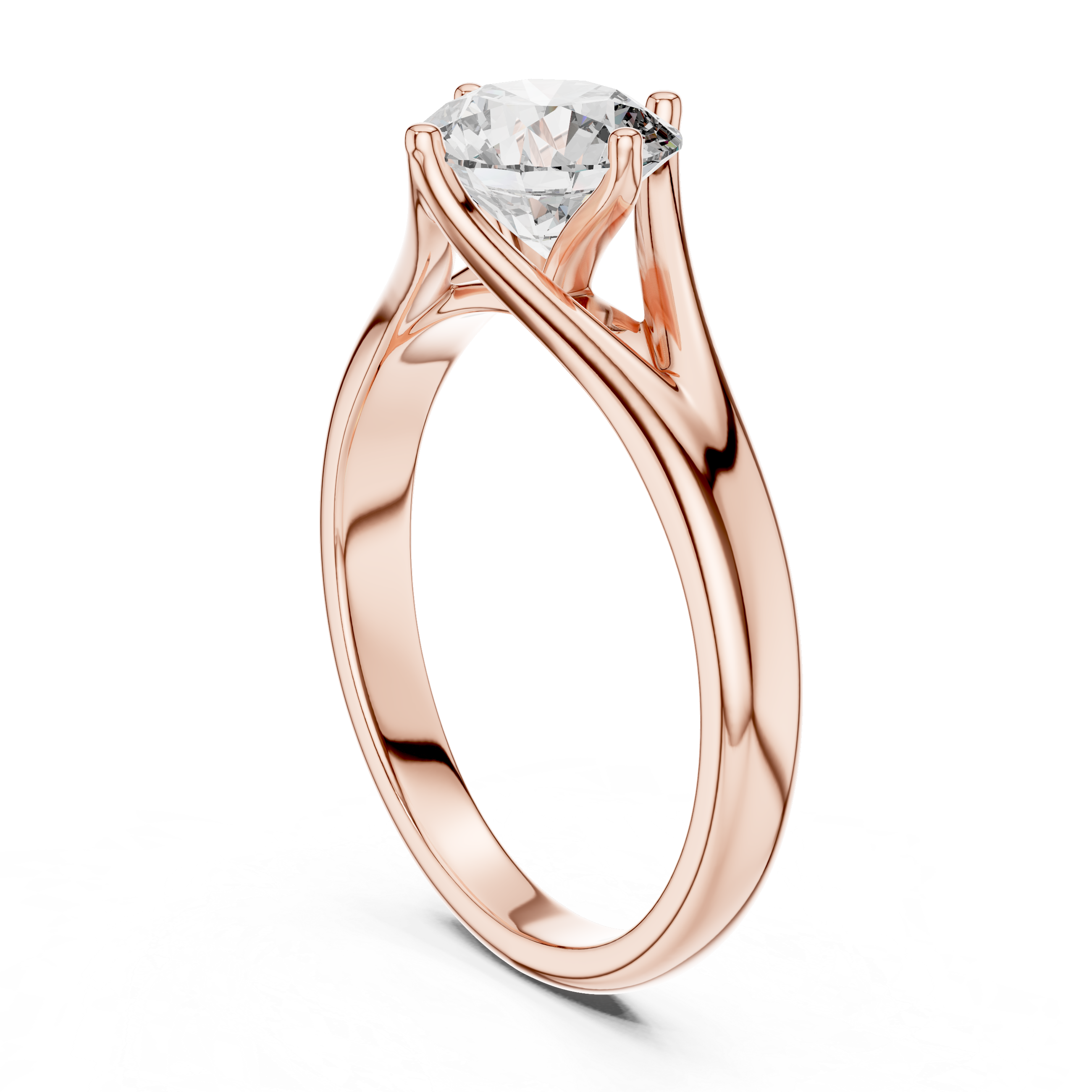 Rose gold ring with a diamond on a white background