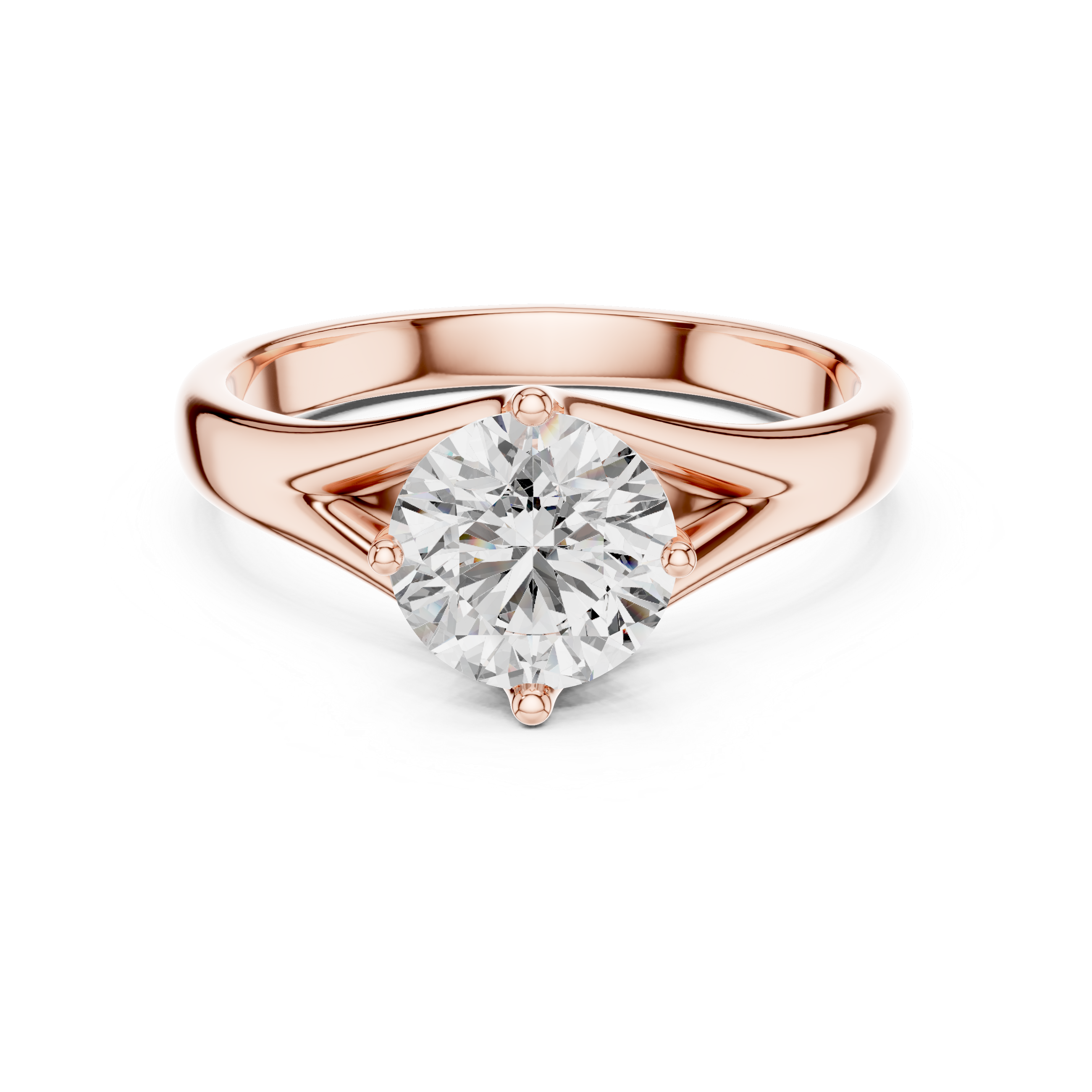 Rose gold ring with a large diamond on a white background