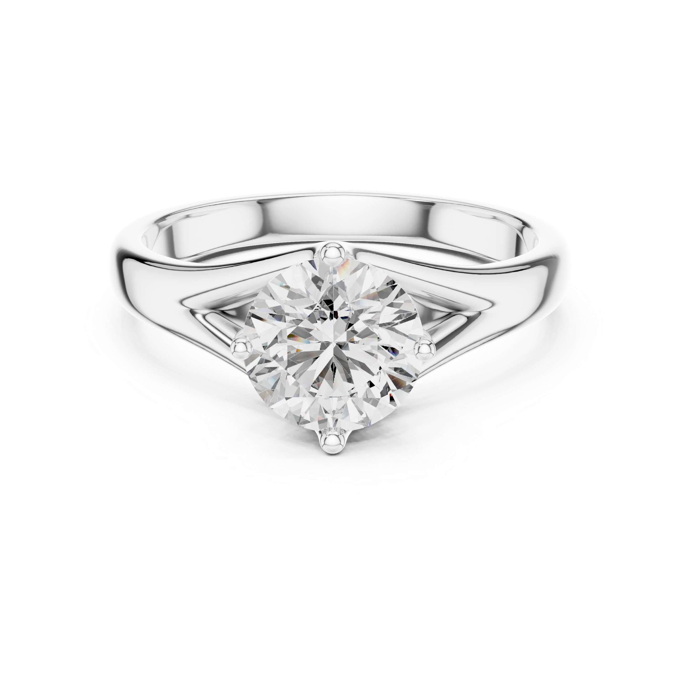 Silver ring with a large diamond on a white background