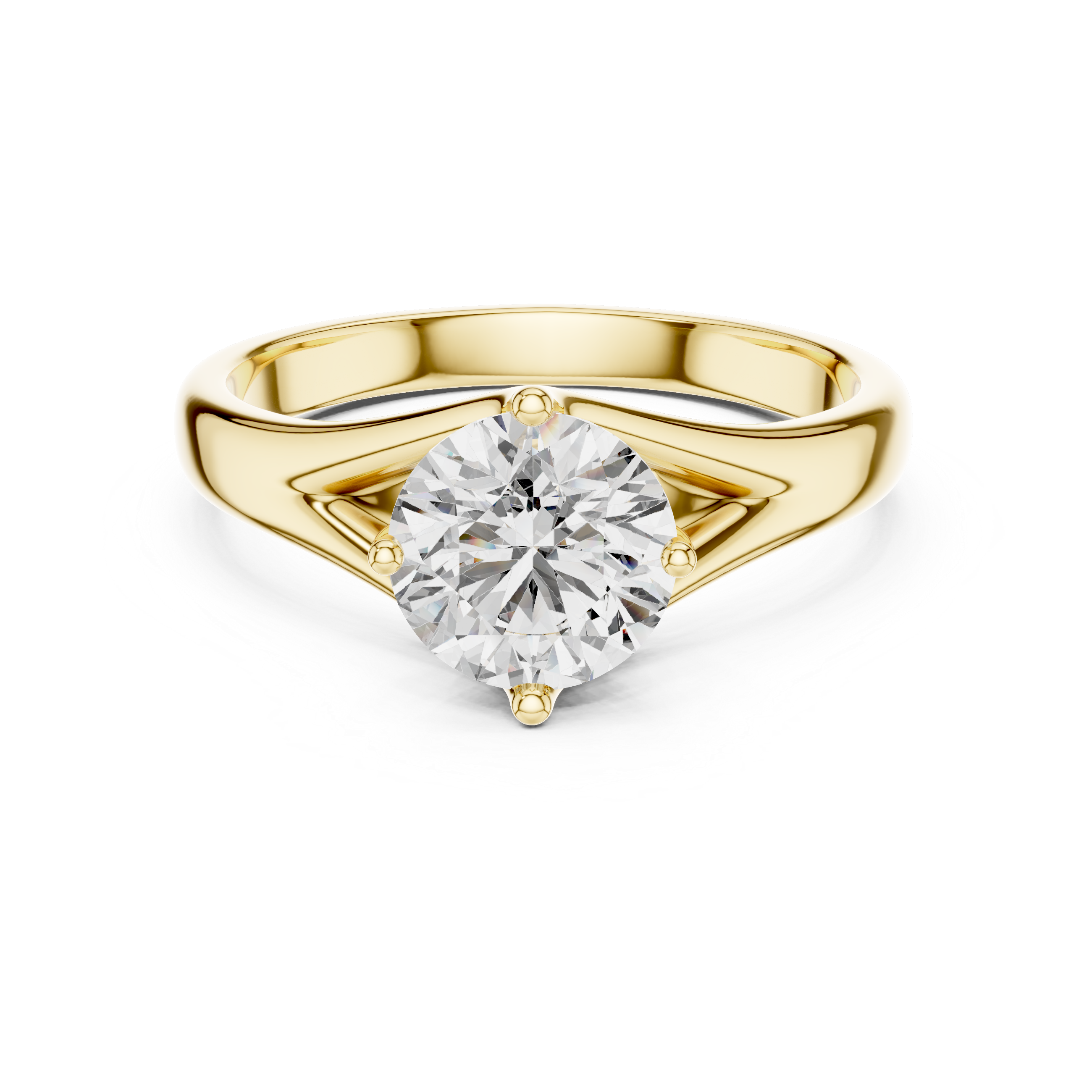 Gold ring with a large diamond on a white background