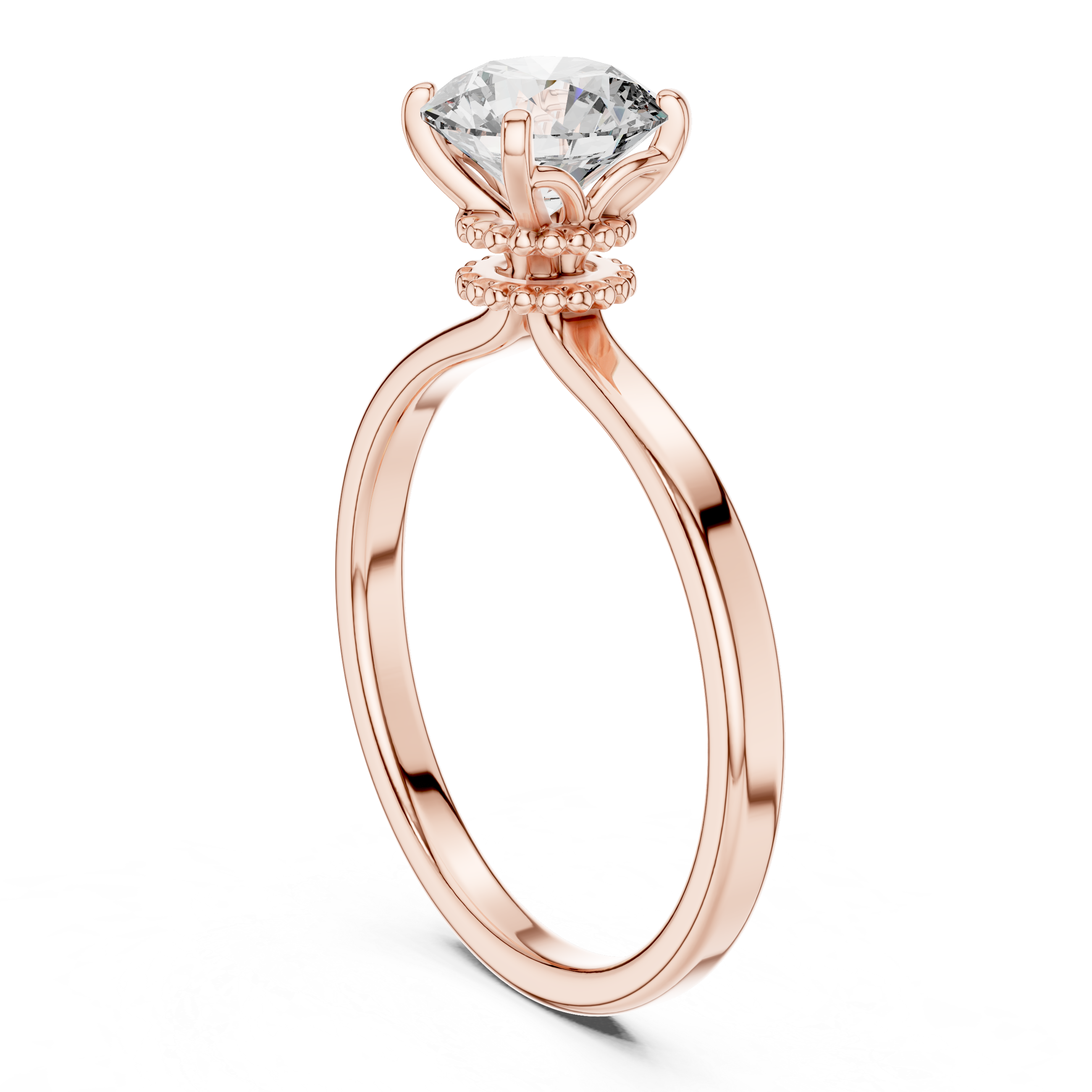 Rose gold ring with a large diamond on a white background