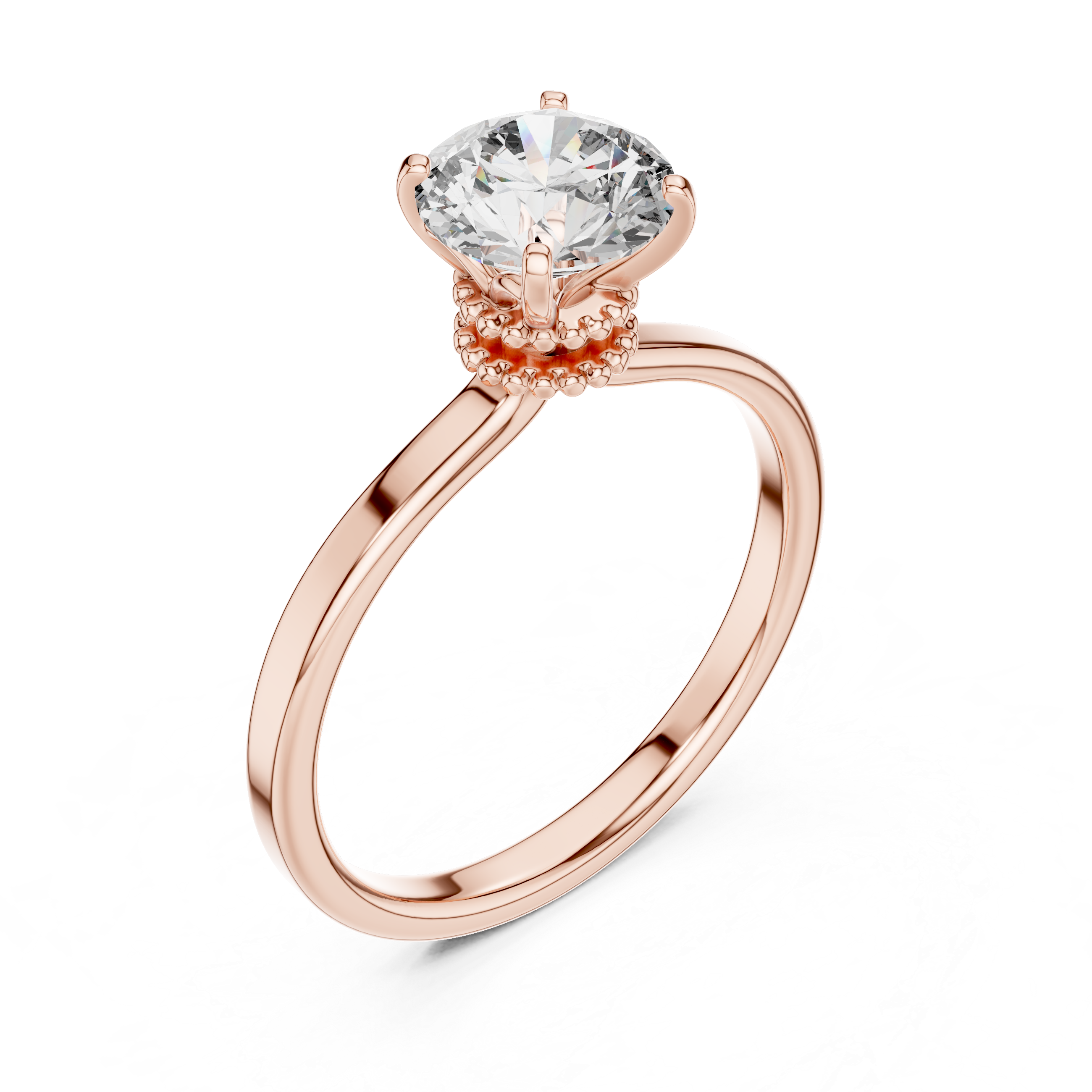 Rose gold ring with a large diamond on a white background