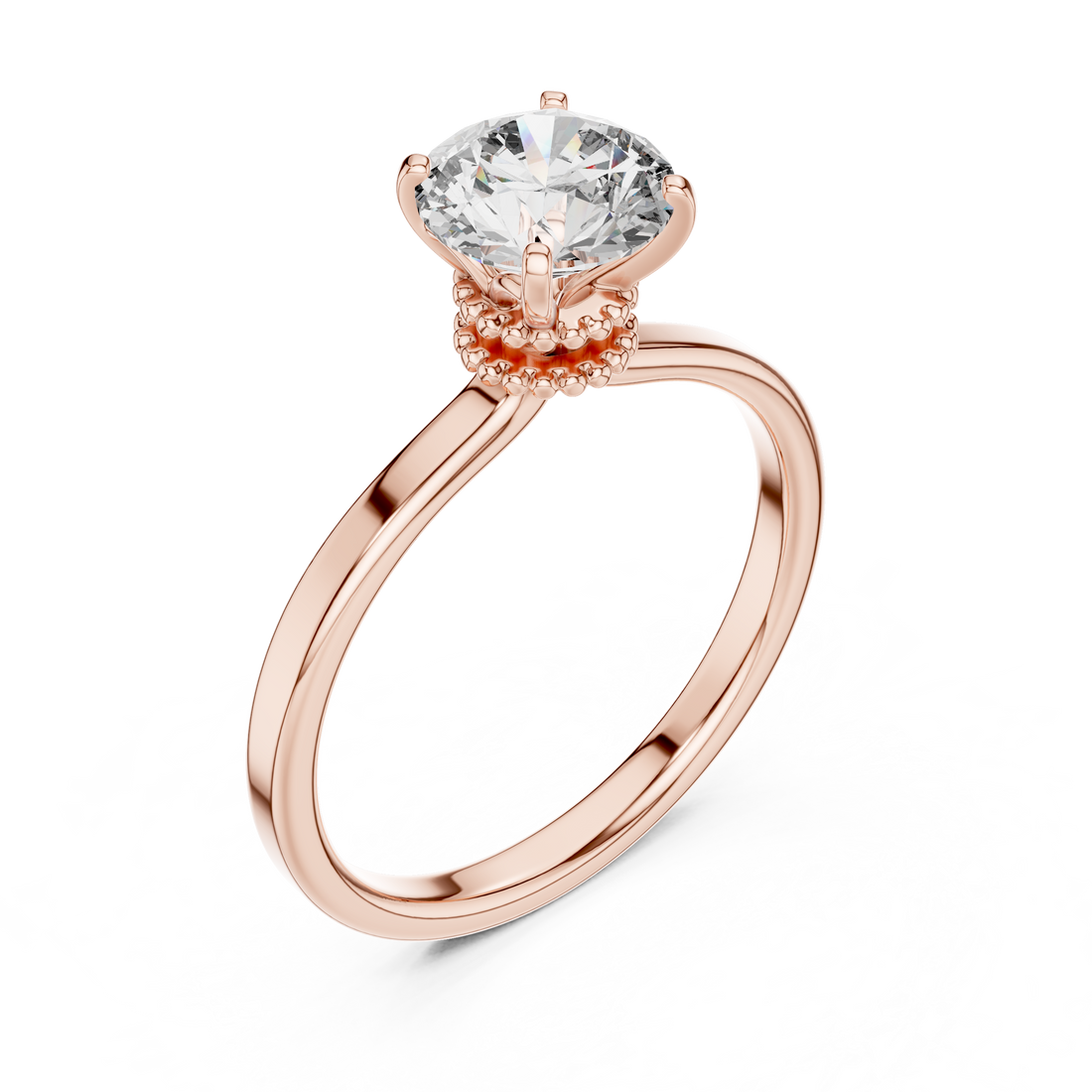 14-KT Elegant Solitaire 1-Ct Round Diamond Ring with Beaded Basket Setting