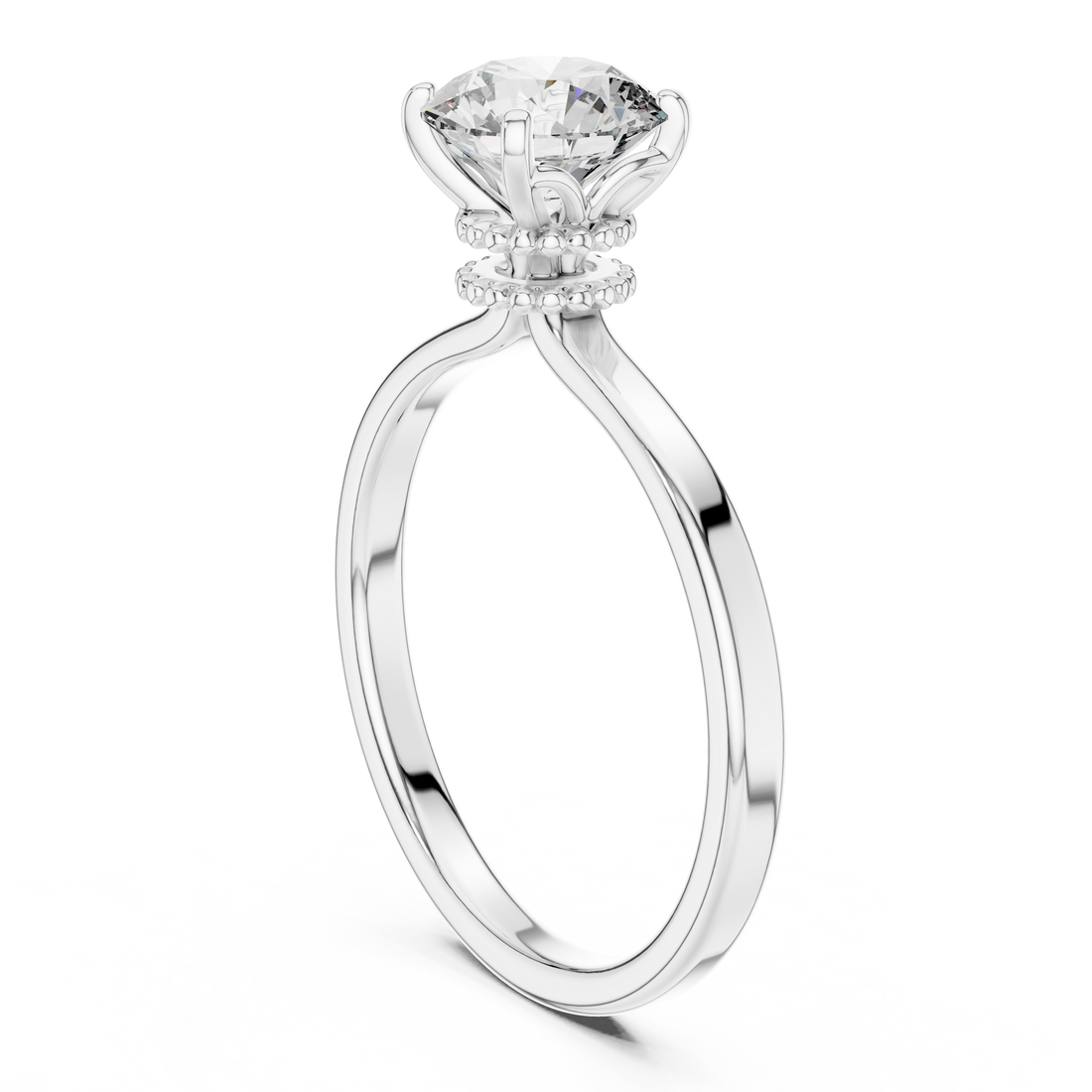14-KT Elegant Solitaire 1-Ct Round Diamond Ring with Beaded Basket Setting