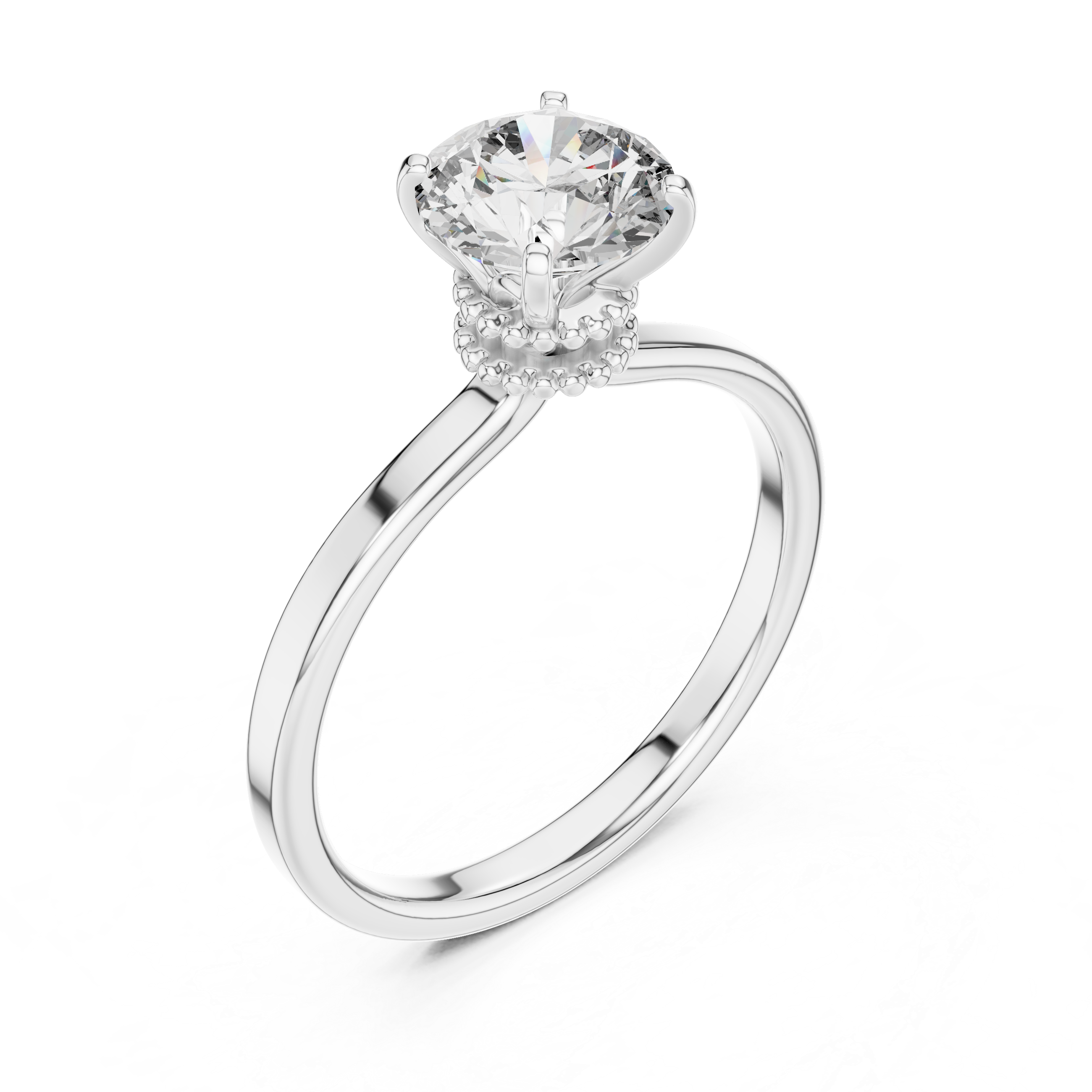 Silver ring with a large diamond on a white background