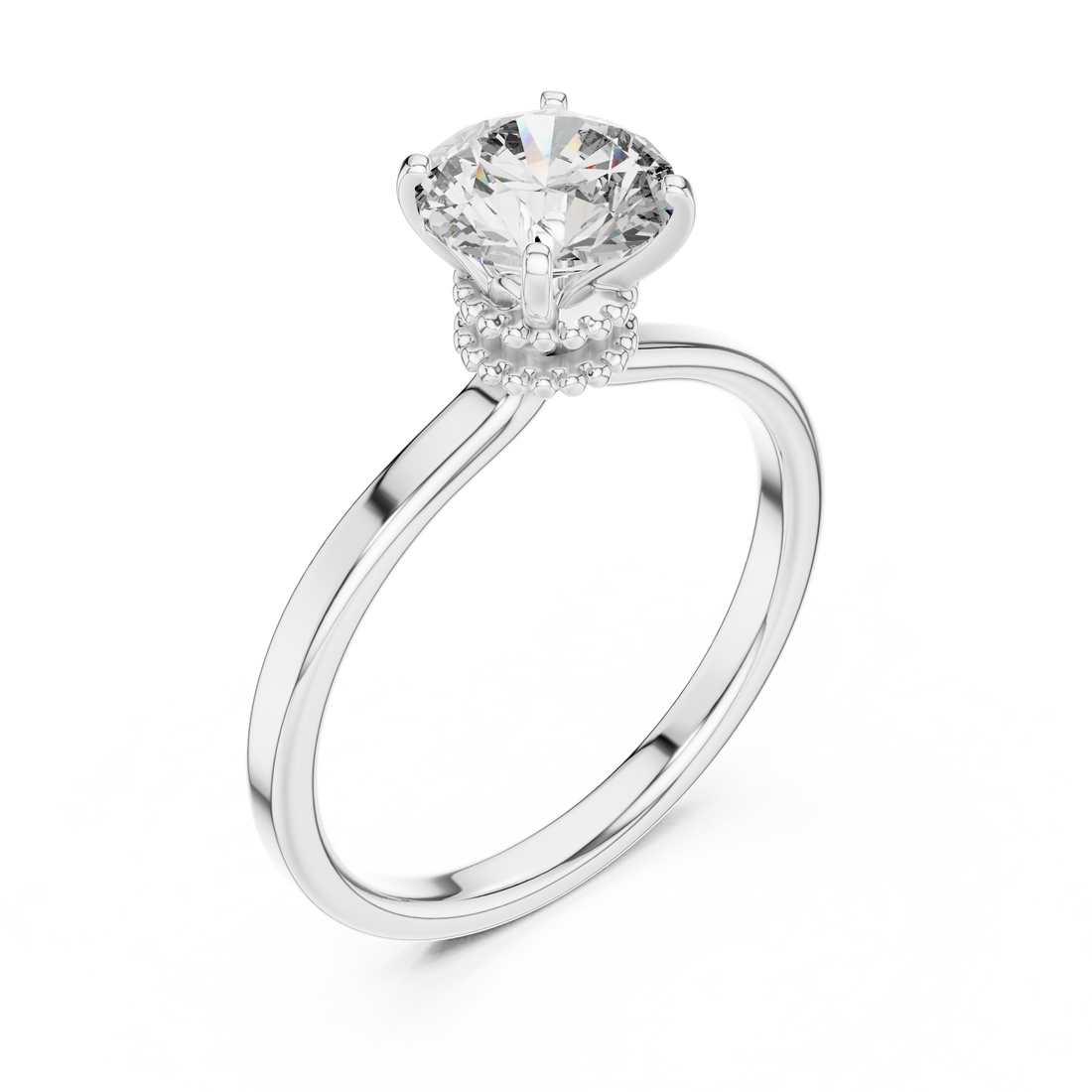 14-KT Elegant Solitaire 1-Ct Round Diamond Ring with Beaded Basket Setting