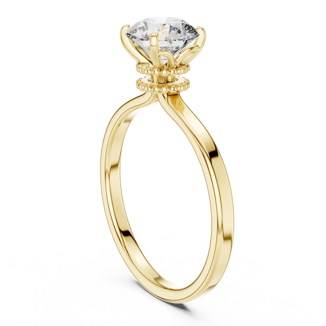 14-KT Elegant Solitaire 1-Ct Round Diamond Ring with Beaded Basket Setting