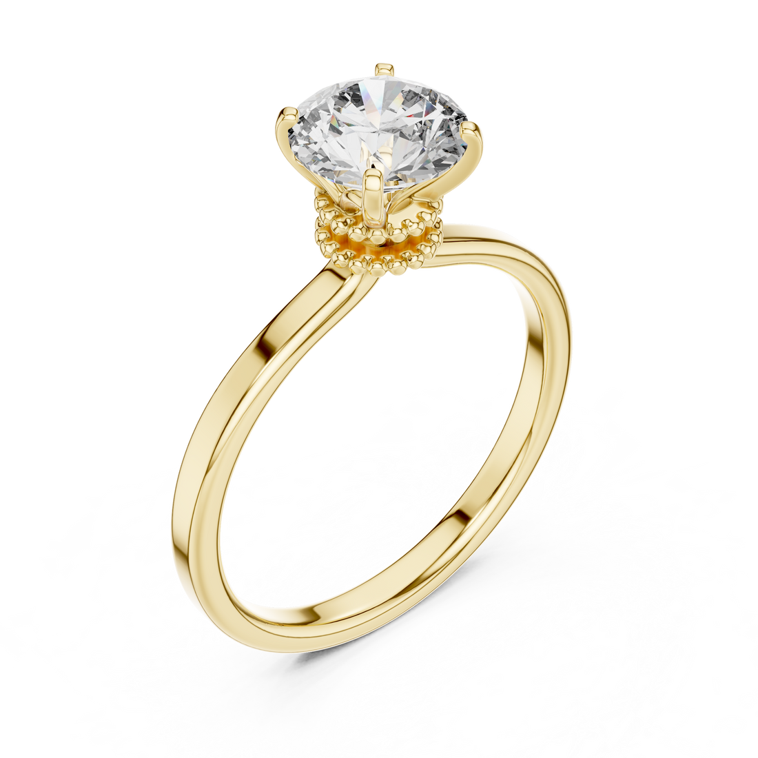 14-KT Elegant Solitaire 1-Ct Round Diamond Ring with Beaded Basket Setting