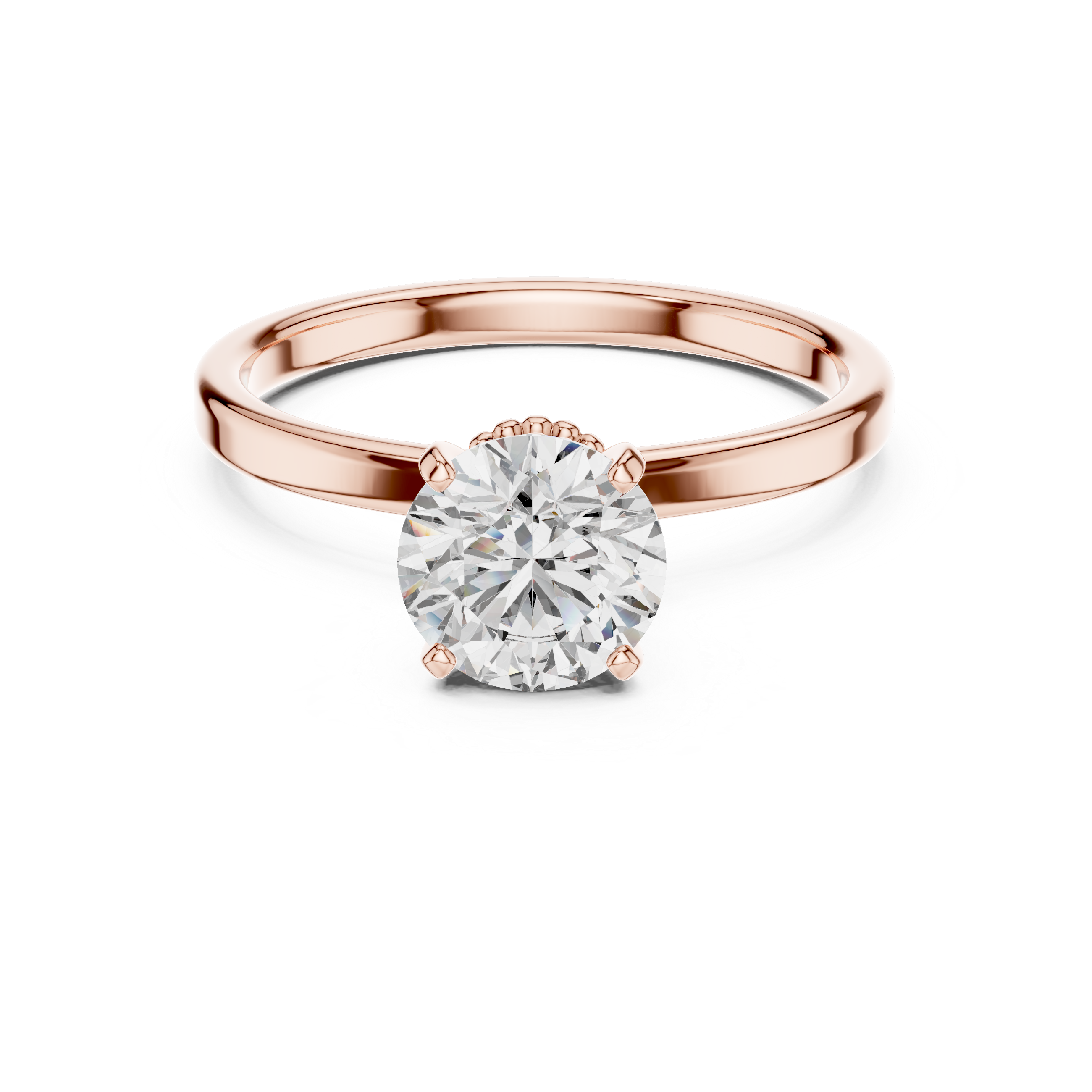 Rose gold ring with a diamond on a white background